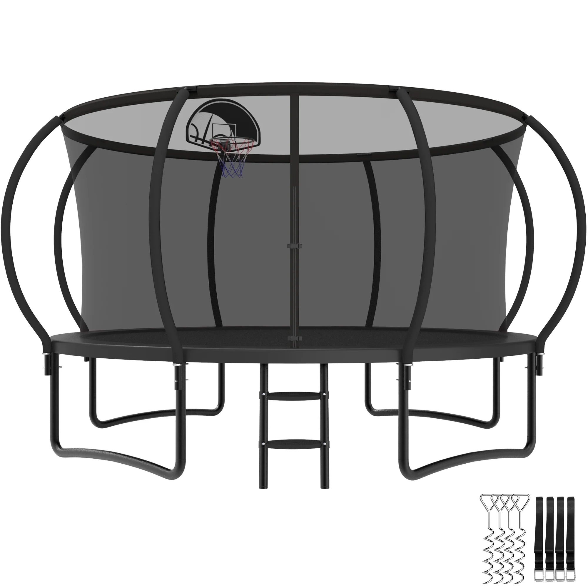 Trampoline, 14 FT Trampoline for 7-8 Kids Adults with Enclosure Net, Basketball Hoop, Ladder, Wind Stakes, 1400LBS Weight Capacity round Outdoor Recreational Trampoline, Heavy Duty Trampoline