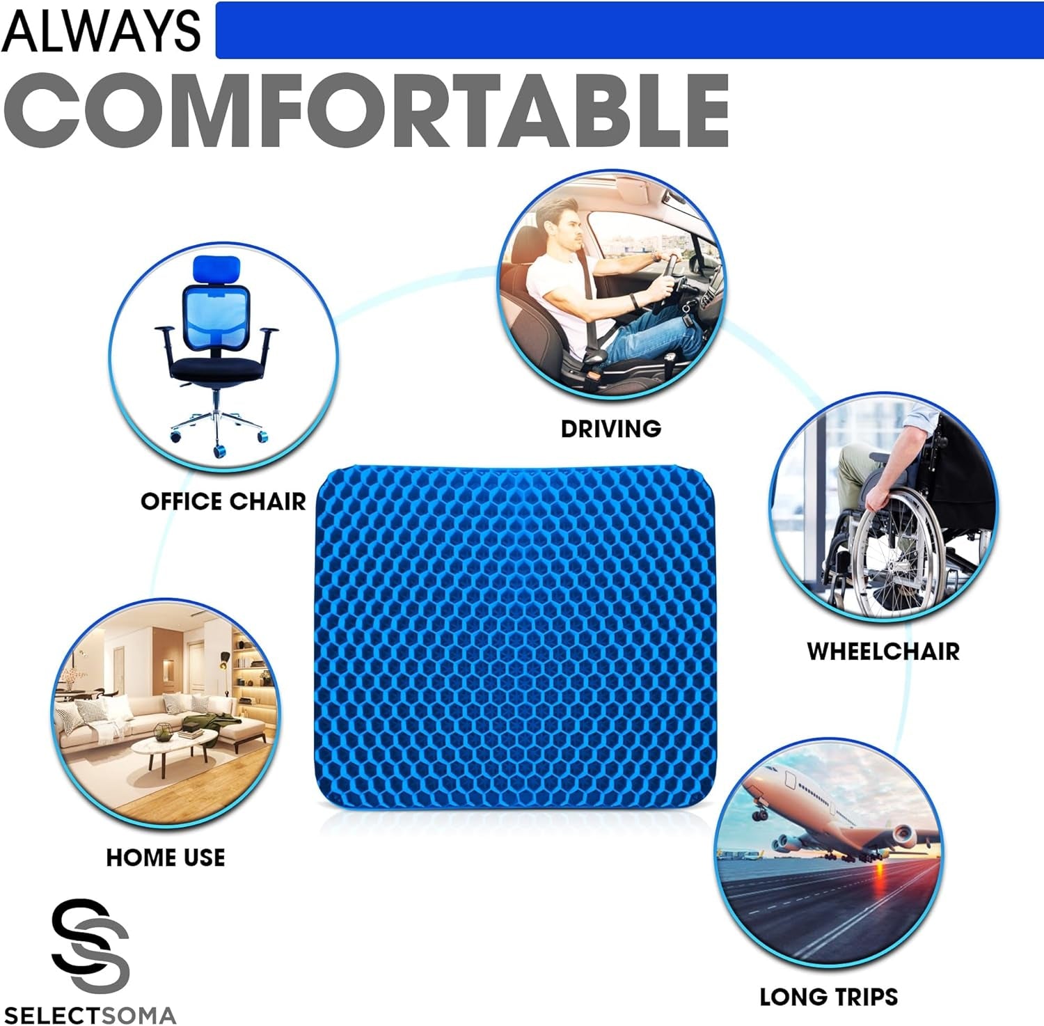 Double-Thick Super Large Gel Seat Cushion- Breathable and Cooling Honeycomb Design - Pressure Relief for Sciatica, Tailbone & Back Pain - Office Chair, Wheelchair, Car & Truck Cushion