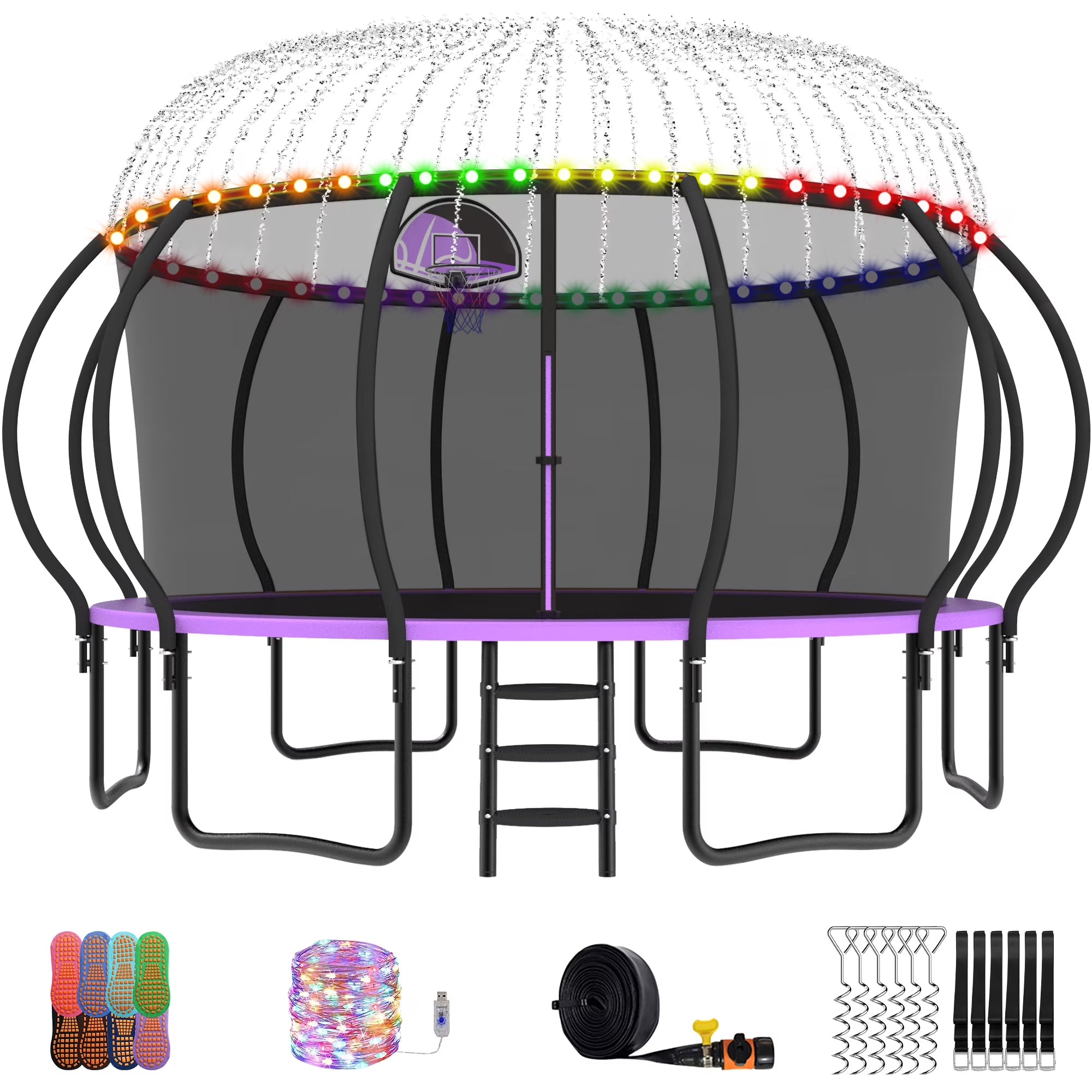 Trampoline, 14 FT Trampoline for 7-8 Kids Adults with Enclosure Net, Basketball Hoop, Ladder, Wind Stakes, 1400LBS Weight Capacity round Outdoor Recreational Trampoline, Heavy Duty Trampoline