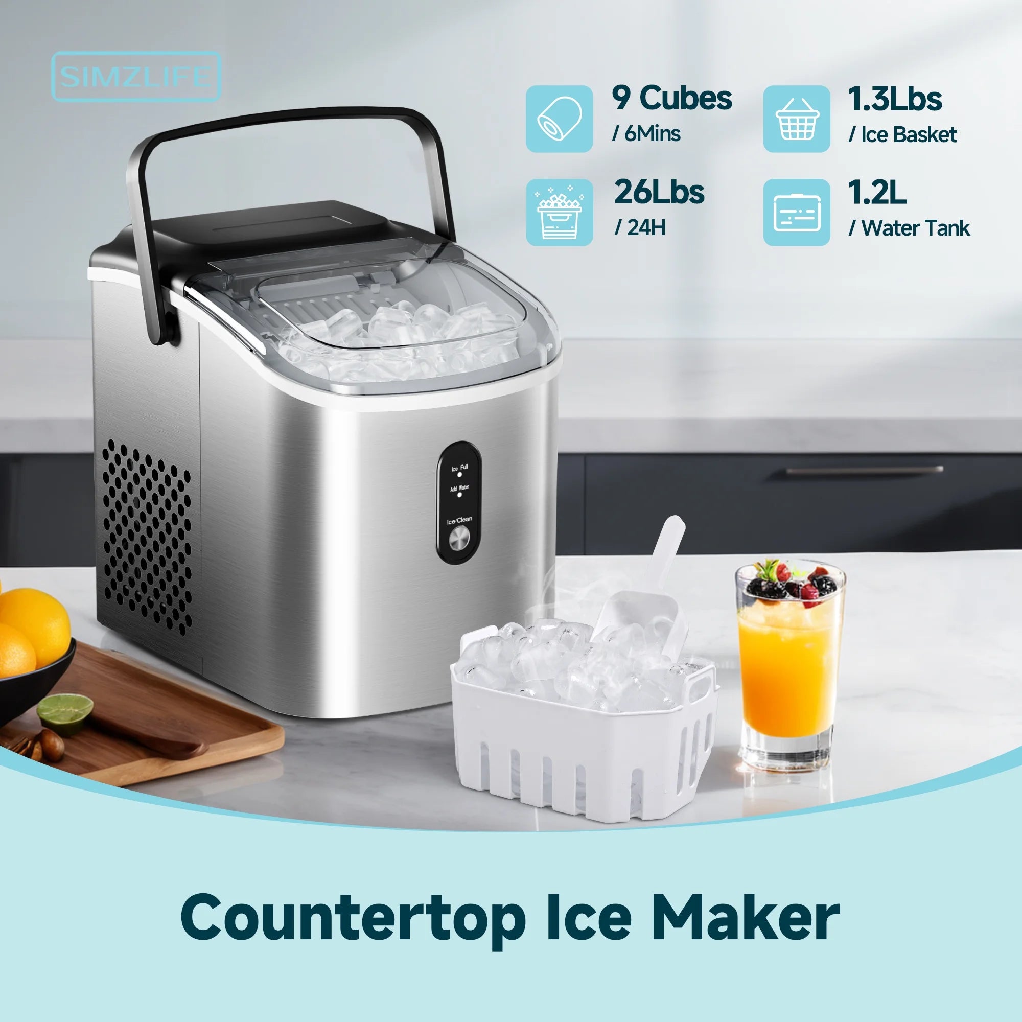 Countertop Ice Maker with Handle,Portable Ice Machine with Basket and Scoop, 9 Bullet Ice in 6 Mins, 26Lbs/24H, Self-Cleaning