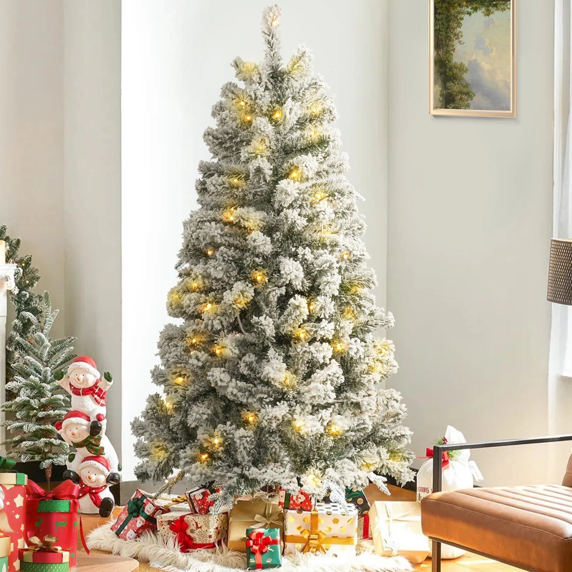 4FT Pre-Lit Flocked Christmas Tree with 360 Branch Tips, Snow Artificial Xmas Tree with 100 LED Lights for Holiday, Outdoor, Indoor, Home