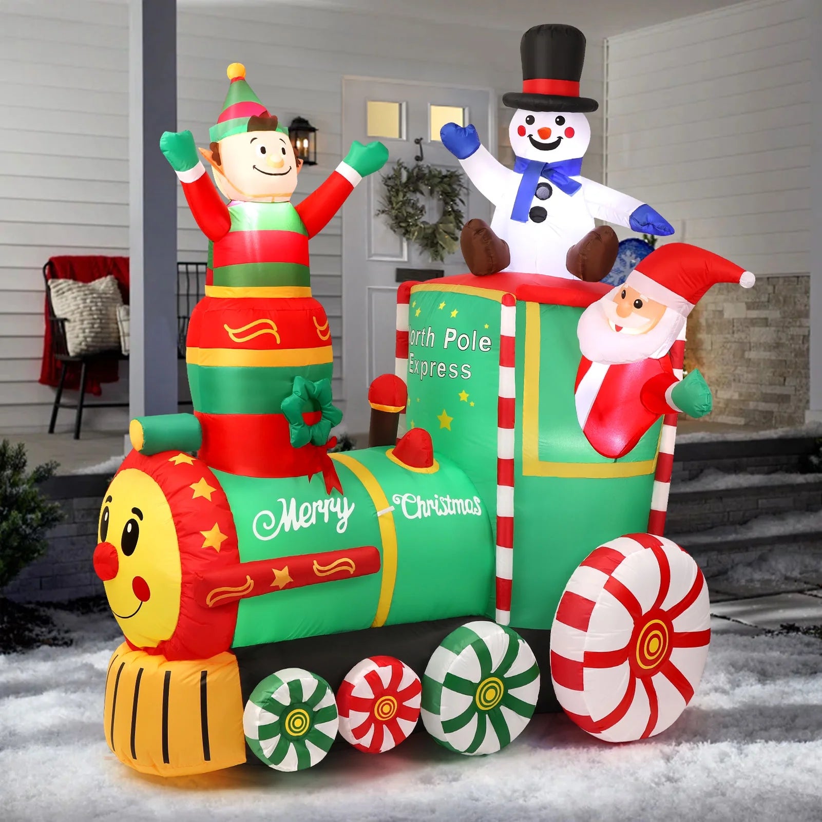 6 X 5Ft Pre-Lit Inflatables Christmas Outdoor Decoration, Santa on Train Outdoor Christmas Decoration