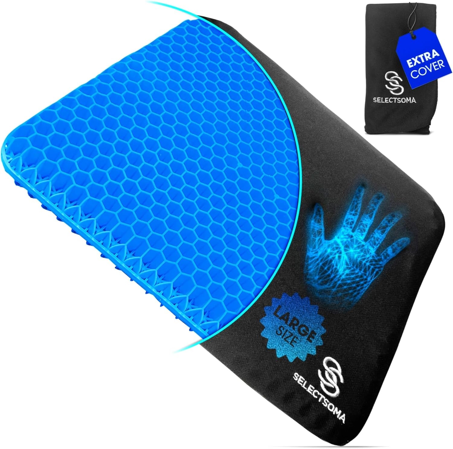 Double-Thick Super Large Gel Seat Cushion- Breathable and Cooling Honeycomb Design - Pressure Relief for Sciatica, Tailbone & Back Pain - Office Chair, Wheelchair, Car & Truck Cushion