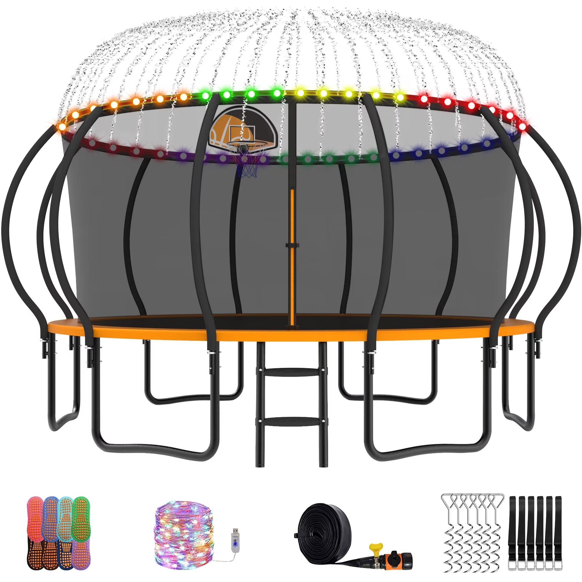 Trampoline, 14 FT Trampoline for 7-8 Kids Adults with Enclosure Net, Basketball Hoop, Ladder, Wind Stakes, 1400LBS Weight Capacity round Outdoor Recreational Trampoline, Heavy Duty Trampoline