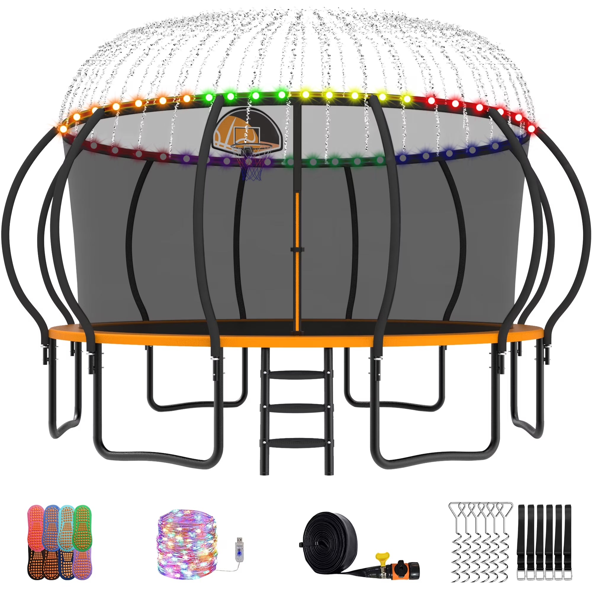 Trampoline, 14 FT Trampoline for 7-8 Kids Adults with Enclosure Net, Basketball Hoop, Ladder, Wind Stakes, 1400LBS Weight Capacity round Outdoor Recreational Trampoline, Heavy Duty Trampoline