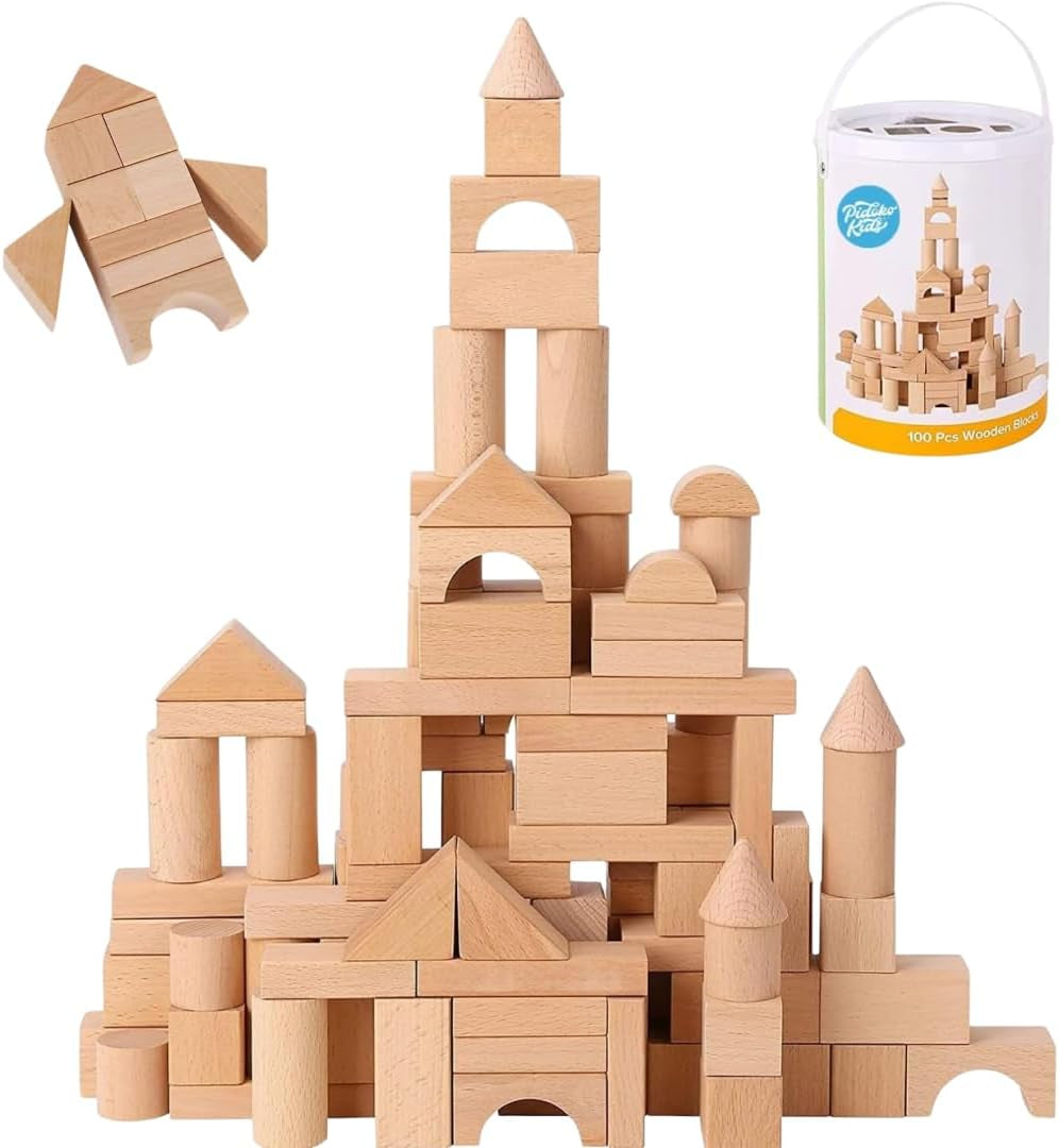 Wooden Blocks - 100 Pcs - Building Blocks for Toddlers - Includes Storage Container with Shape Sorter Lid - Natural Beech Wood Blocks - Preschool Learning Toys Stacking Block