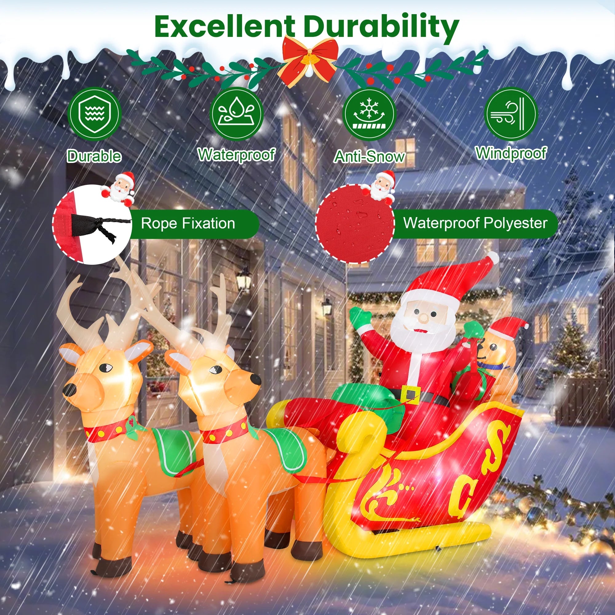 7Ft Christmas Inflatables Outdoor Decoration Santa Claus on Sleigh with Reindeer