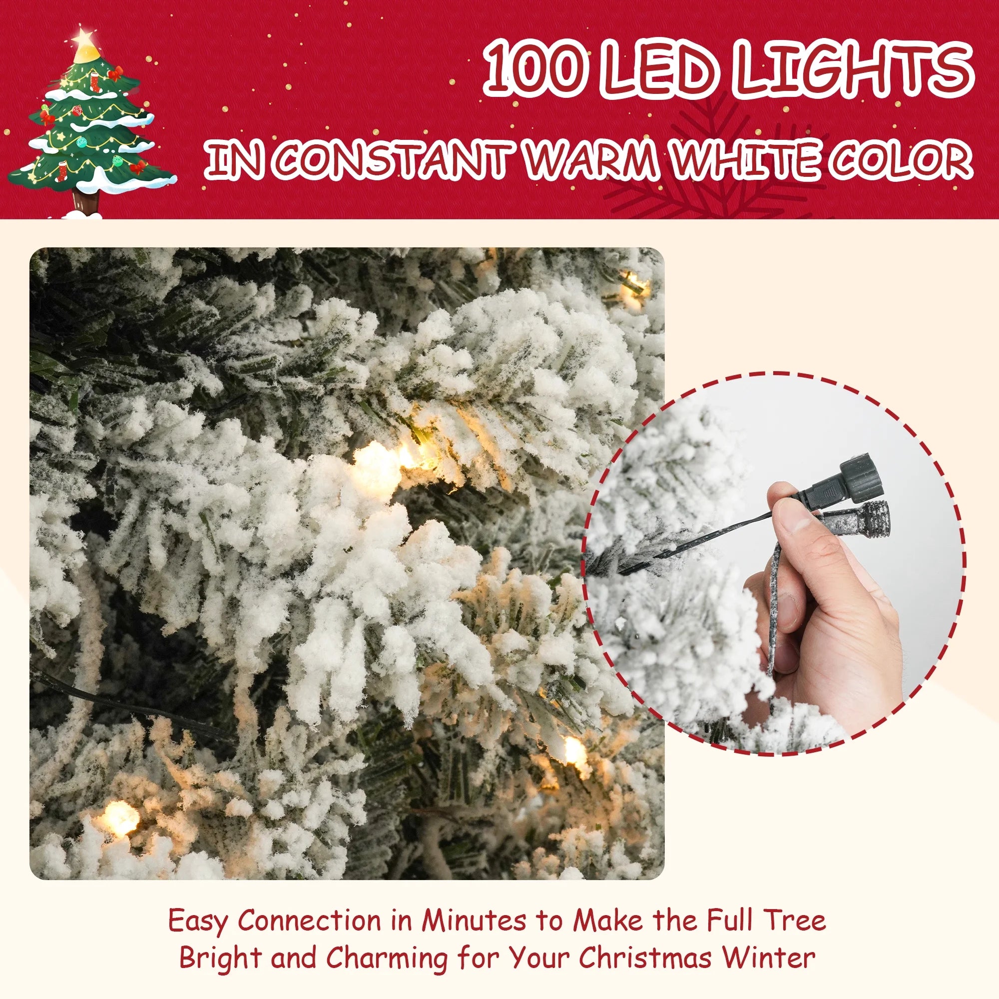 4FT Pre-Lit Flocked Christmas Tree with 360 Branch Tips, Snow Artificial Xmas Tree with 100 LED Lights for Holiday, Outdoor, Indoor, Home