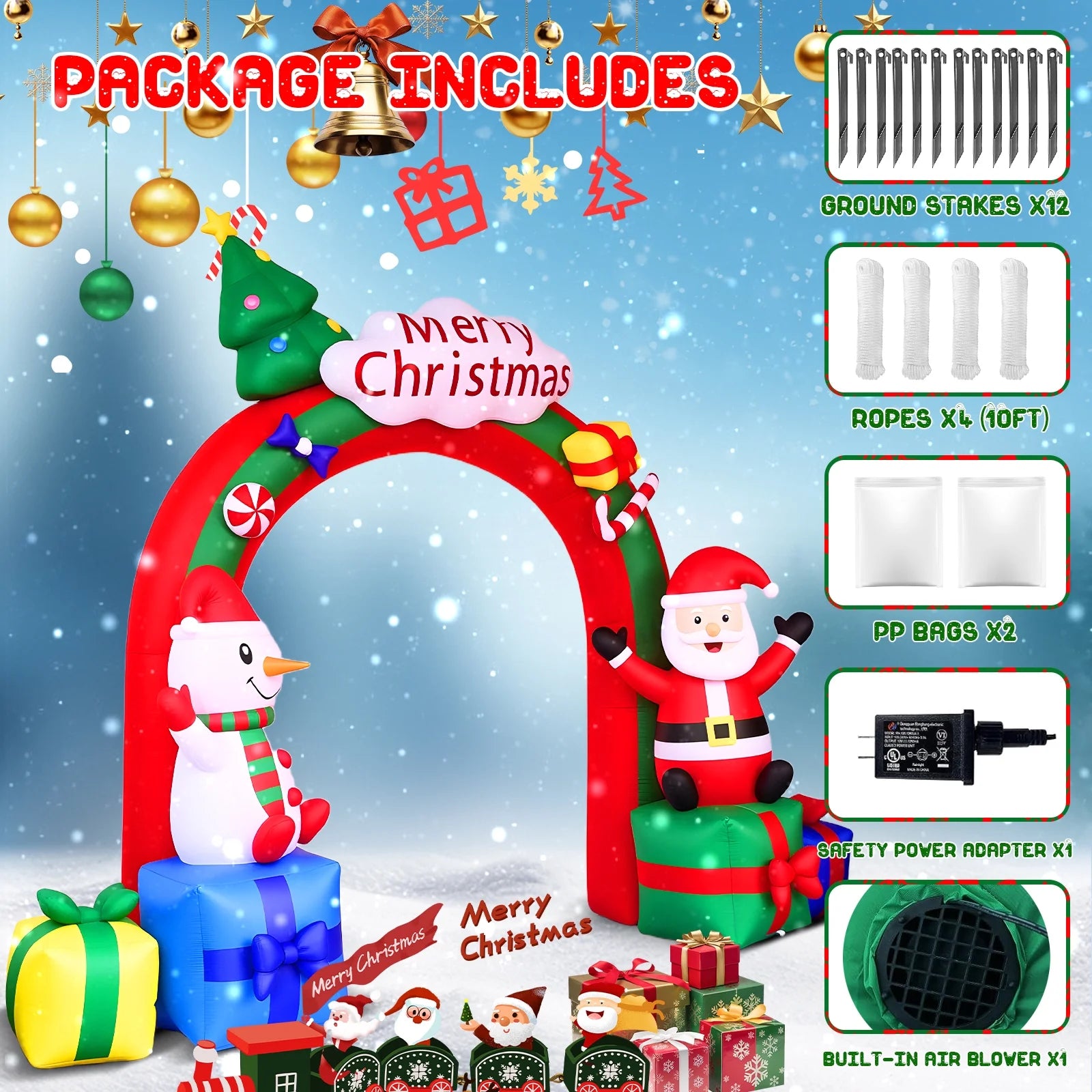 10FT Christmas Inflatable Archway Santa Claus and Snowman with Bow LED Lights Yard Art Decoration