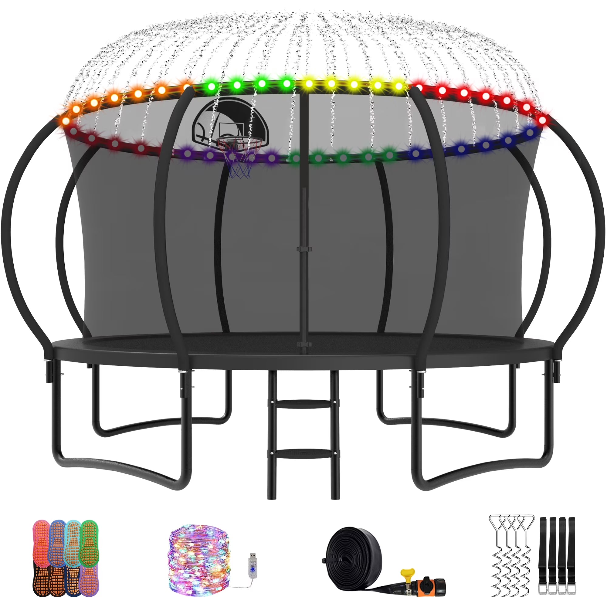 Trampoline, 14 FT Trampoline for 7-8 Kids Adults with Enclosure Net, Basketball Hoop, Ladder, Wind Stakes, 1400LBS Weight Capacity round Outdoor Recreational Trampoline, Heavy Duty Trampoline