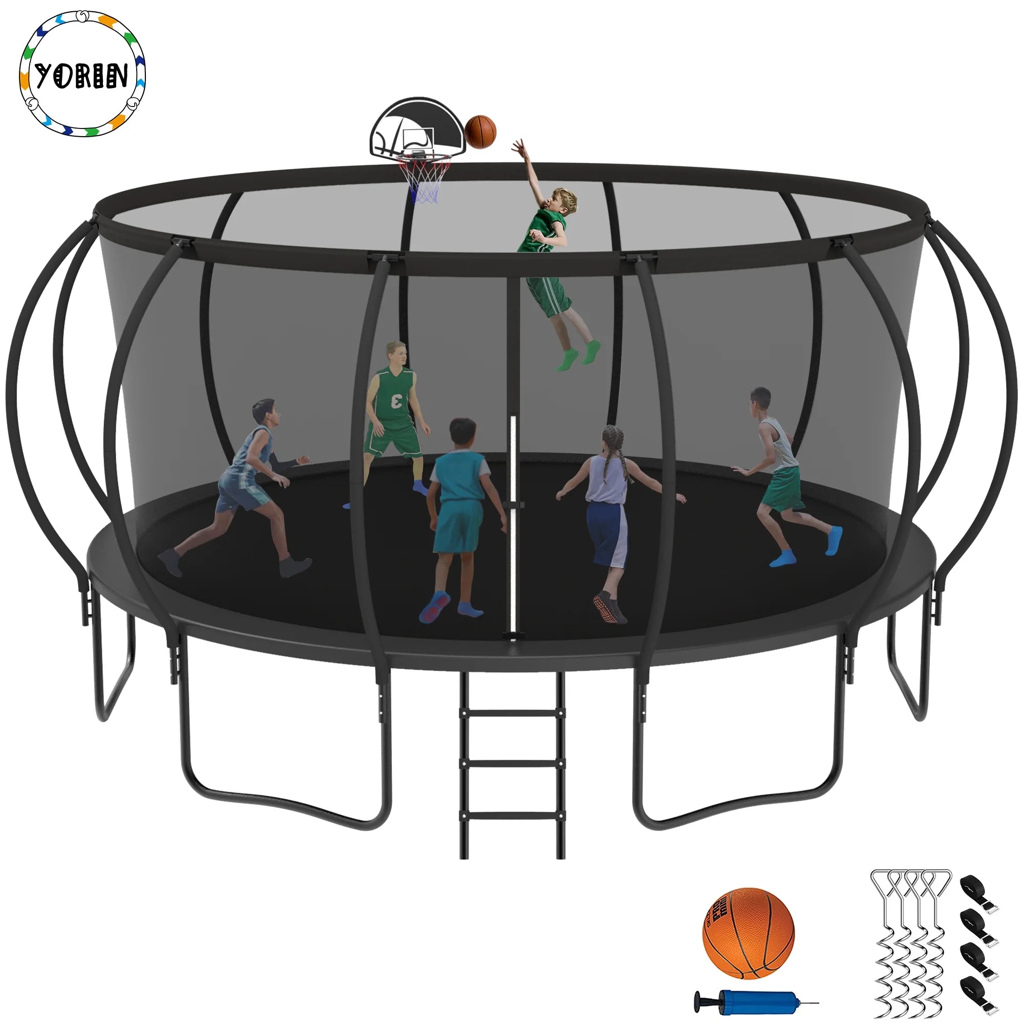 Trampoline, 14 FT Trampoline for 7-8 Kids Adults with Enclosure Net, Basketball Hoop, Ladder, Wind Stakes, 1400LBS Weight Capacity round Outdoor Recreational Trampoline, Heavy Duty Trampoline