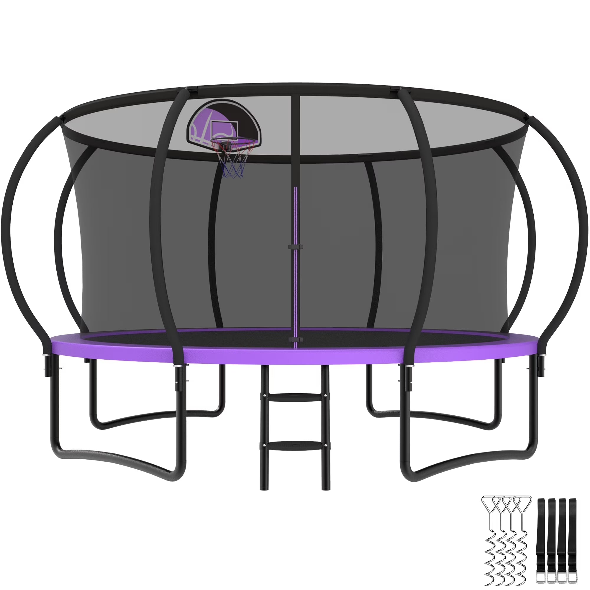 Trampoline, 14 FT Trampoline for 7-8 Kids Adults with Enclosure Net, Basketball Hoop, Ladder, Wind Stakes, 1400LBS Weight Capacity round Outdoor Recreational Trampoline, Heavy Duty Trampoline