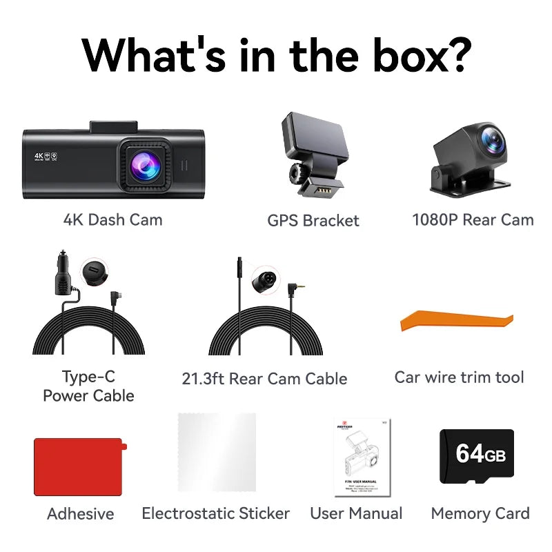 Dash Cam Front and Rear, Dash Cam 4K with Wifi & GPS, 4K/2.5K Front+1080P Rear Dashcam, Dash Camera with Night Vision, 3.18'' LCD Screen, Loop Recording, Black