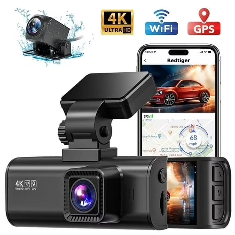 Dash Cam Front and Rear, Dash Cam 4K with Wifi & GPS, 4K/2.5K Front+1080P Rear Dashcam, Dash Camera with Night Vision, 3.18'' LCD Screen, Loop Recording, Black