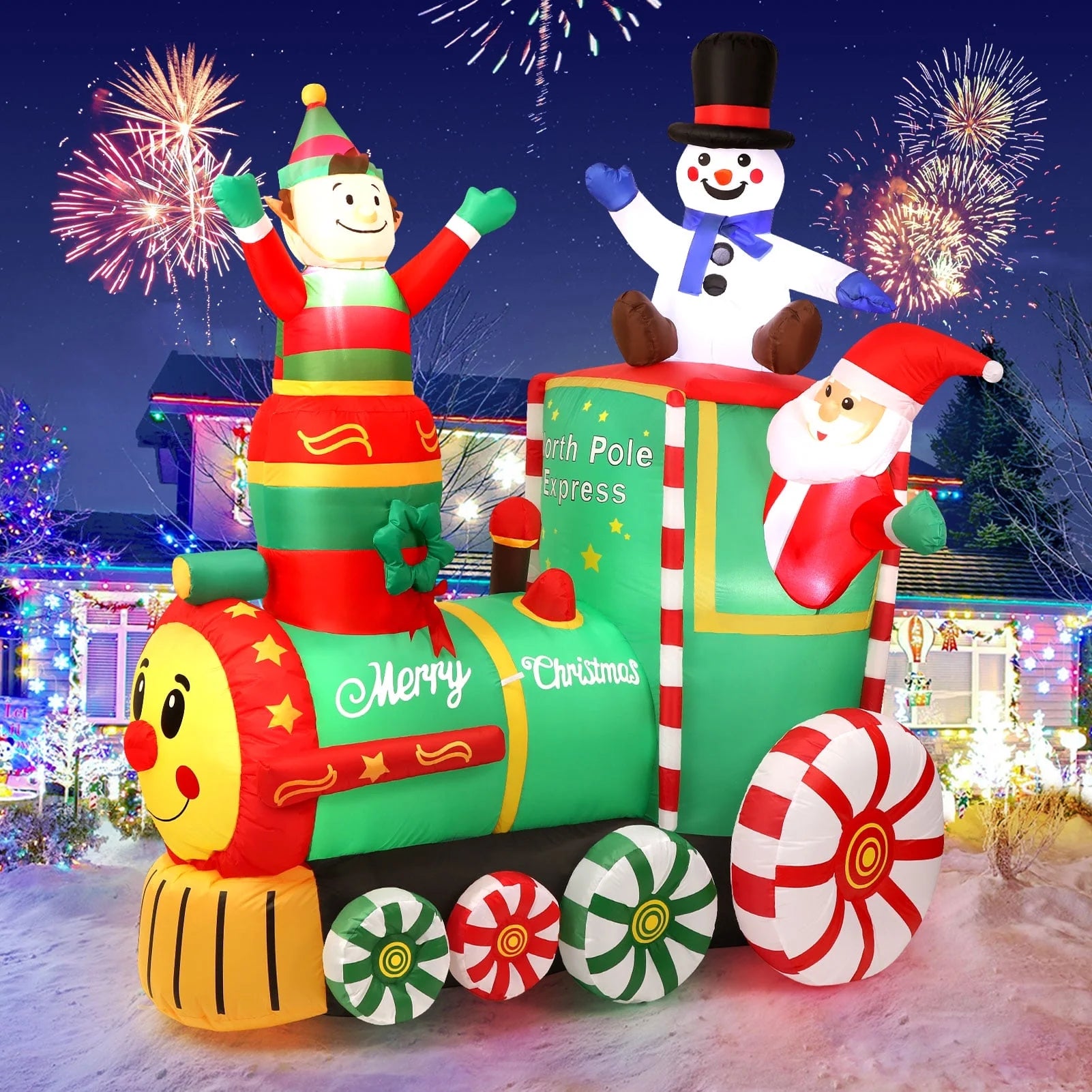 6 X 5Ft Pre-Lit Inflatables Christmas Outdoor Decoration, Santa on Train Outdoor Christmas Decoration