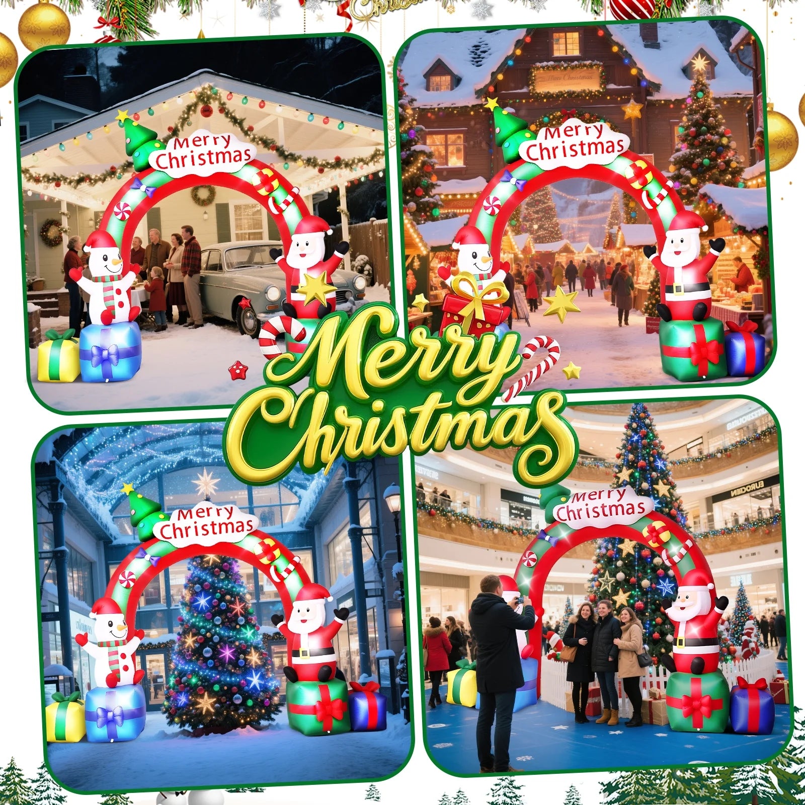 10FT Christmas Inflatable Archway Santa Claus and Snowman with Bow LED Lights Yard Art Decoration