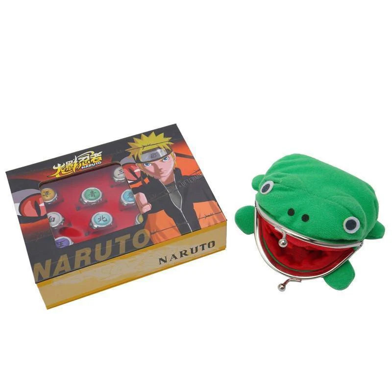 Naruto Akatsuki Rings 10Pcs Set with Green Frog Wallet and Chain Cosplay Itachi Sharingan Box Hidden Leaf Village Anime