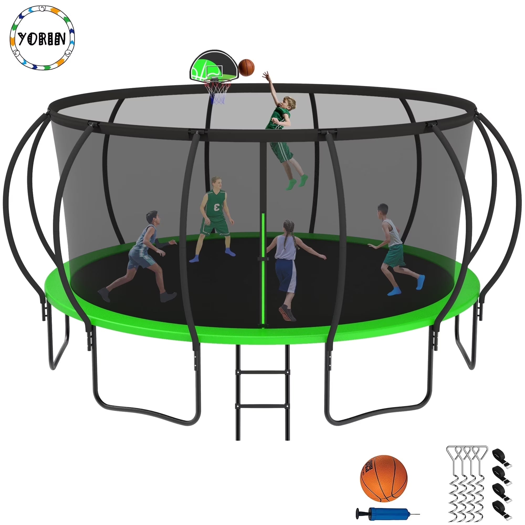 Trampoline, 14 FT Trampoline for 7-8 Kids Adults with Enclosure Net, Basketball Hoop, Ladder, Wind Stakes, 1400LBS Weight Capacity round Outdoor Recreational Trampoline, Heavy Duty Trampoline