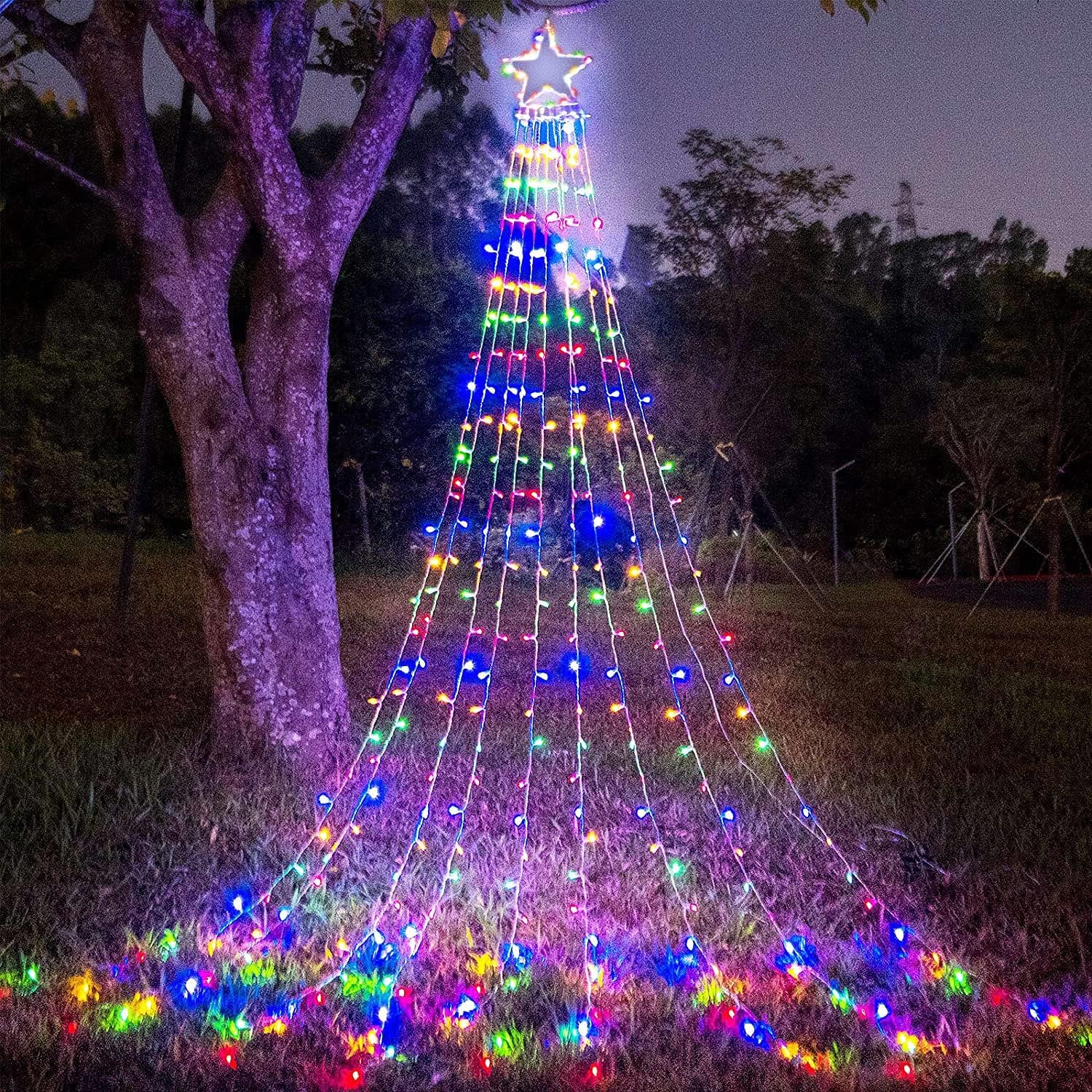 (New) Christmas Decoration Lights, 320 LED Waterfall Christmas Tree Lights with 12" Star Topper, 8 Modes Indoor Outdoor String Lights for Yard, Party, Home, Holiday (Warm White)