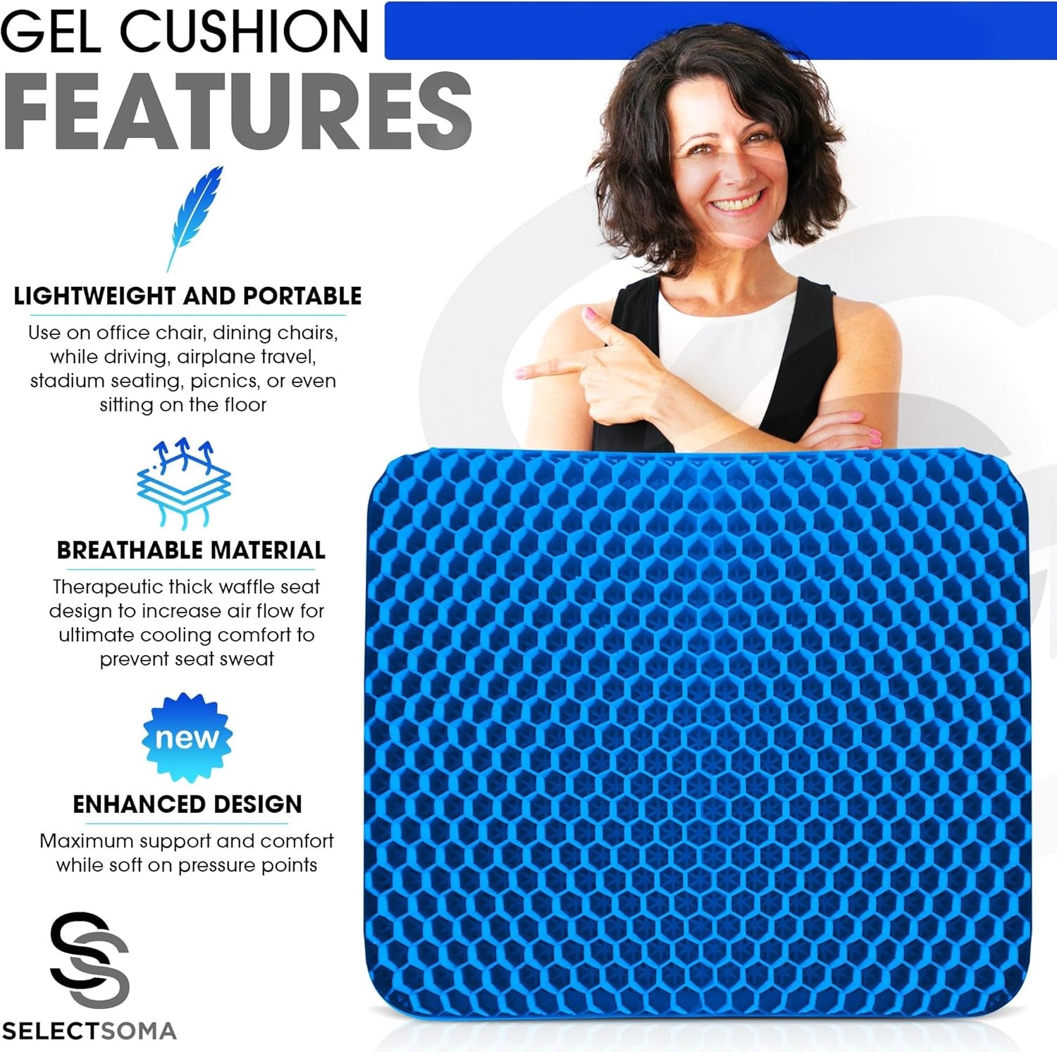 Double-Thick Super Large Gel Seat Cushion- Breathable and Cooling Honeycomb Design - Pressure Relief for Sciatica, Tailbone & Back Pain - Office Chair, Wheelchair, Car & Truck Cushion