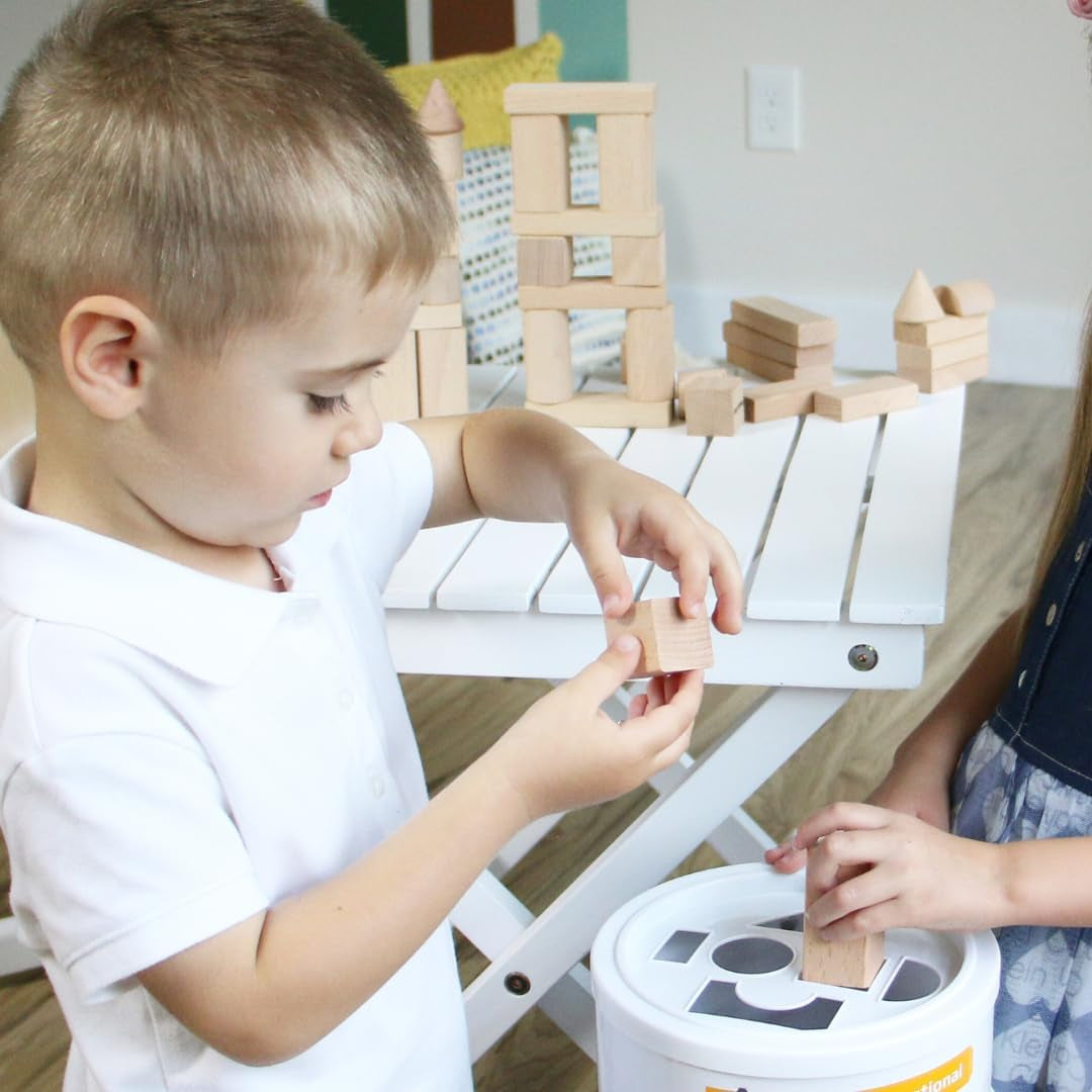Wooden Blocks - 100 Pcs - Building Blocks for Toddlers - Includes Storage Container with Shape Sorter Lid - Natural Beech Wood Blocks - Preschool Learning Toys Stacking Block