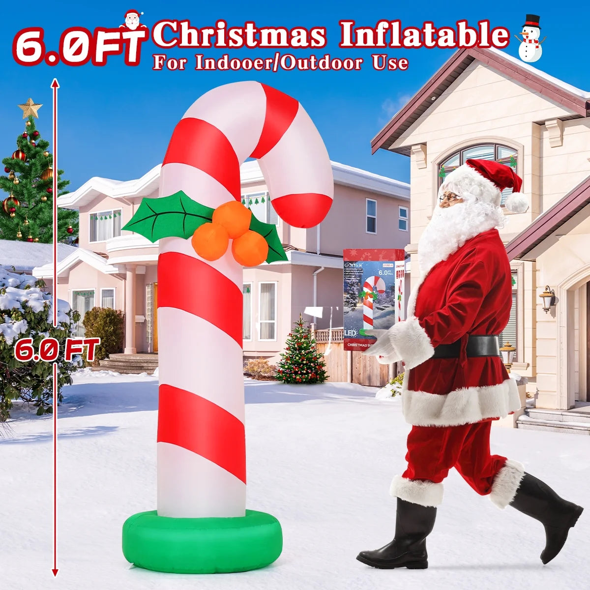 6 FT Christmas Inflatables Giant Candy Cane Decorations, Candy Cane Inflatable with Built-In Leds, Outdoor Christmas Decorations Clearance for Xmas/Holiday/Party