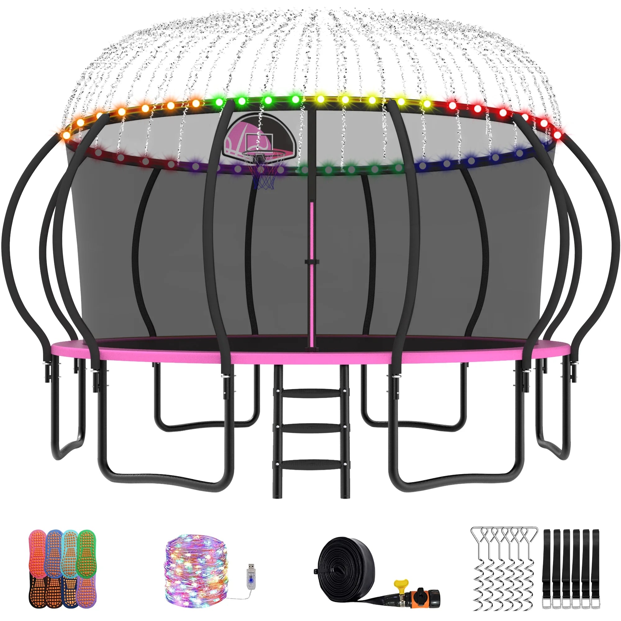 Trampoline, 14 FT Trampoline for 7-8 Kids Adults with Enclosure Net, Basketball Hoop, Ladder, Wind Stakes, 1400LBS Weight Capacity round Outdoor Recreational Trampoline, Heavy Duty Trampoline