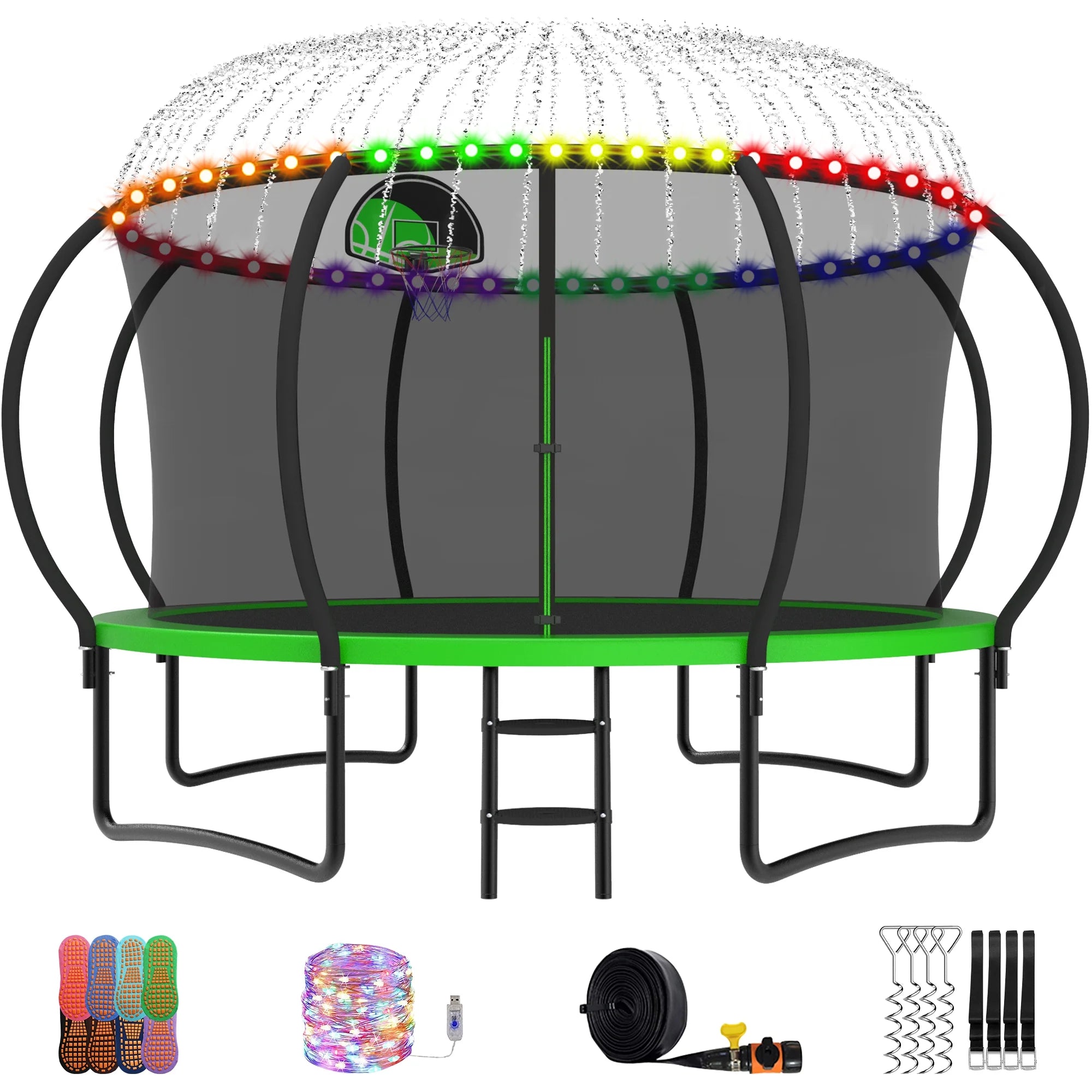 Trampoline, 14 FT Trampoline for 7-8 Kids Adults with Enclosure Net, Basketball Hoop, Ladder, Wind Stakes, 1400LBS Weight Capacity round Outdoor Recreational Trampoline, Heavy Duty Trampoline