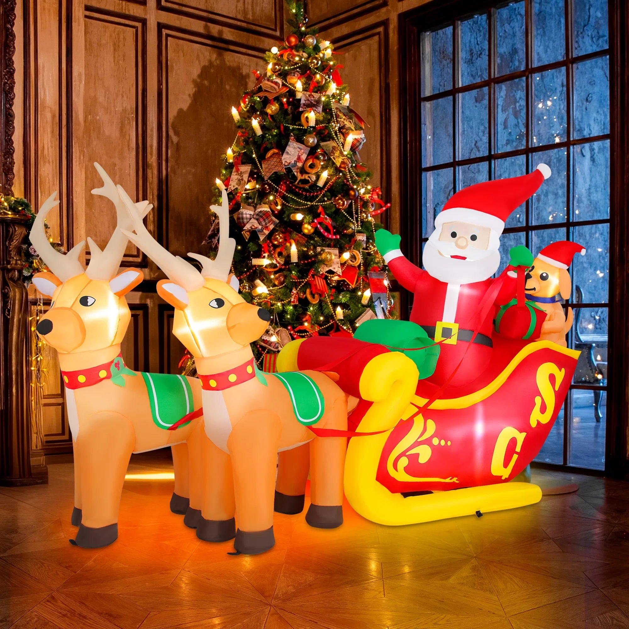 7Ft Christmas Inflatables Outdoor Decoration Santa Claus on Sleigh with Reindeer