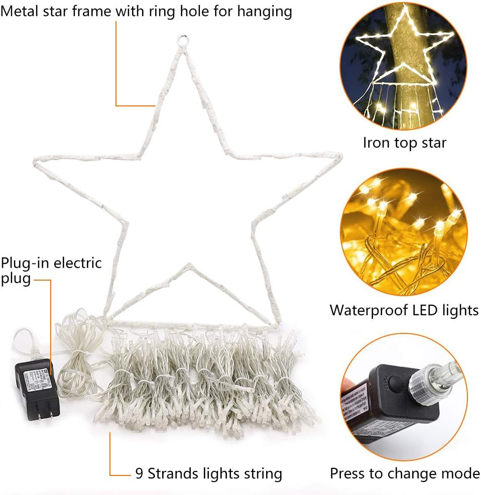 (New) Christmas Decoration Lights, 320 LED Waterfall Christmas Tree Lights with 12" Star Topper, 8 Modes Indoor Outdoor String Lights for Yard, Party, Home, Holiday (Warm White)