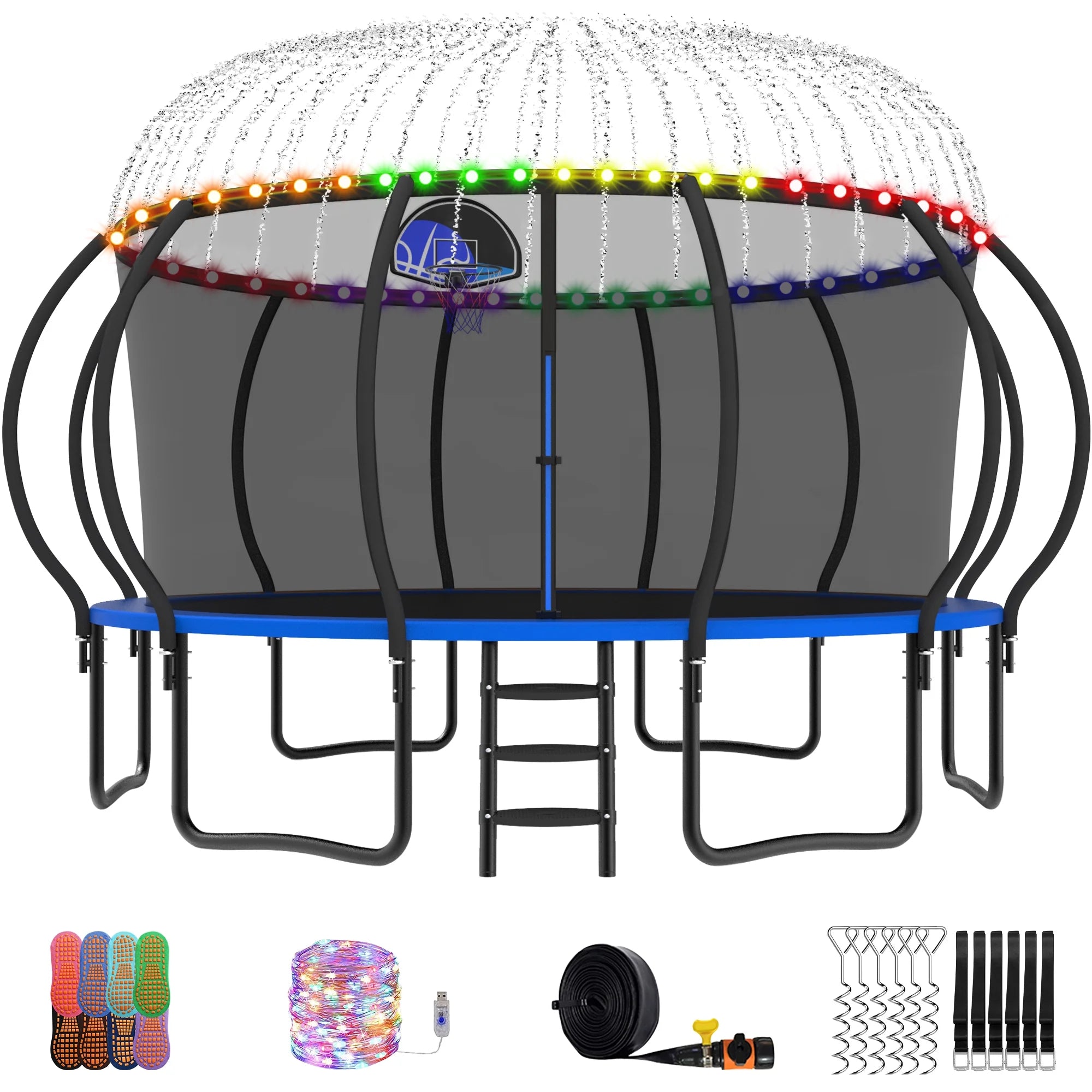 Trampoline, 14 FT Trampoline for 7-8 Kids Adults with Enclosure Net, Basketball Hoop, Ladder, Wind Stakes, 1400LBS Weight Capacity round Outdoor Recreational Trampoline, Heavy Duty Trampoline