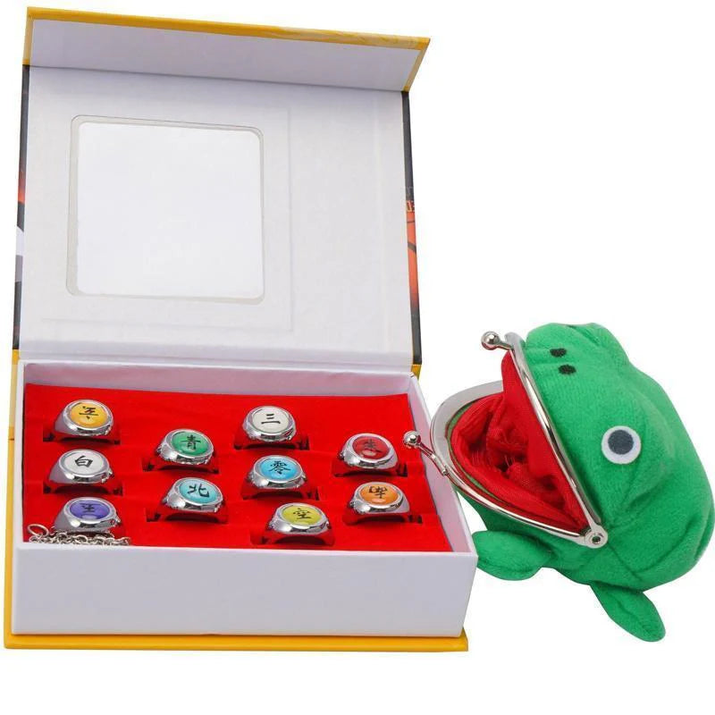 Naruto Akatsuki Rings 10Pcs Set with Green Frog Wallet and Chain Cosplay Itachi Sharingan Box Hidden Leaf Village Anime