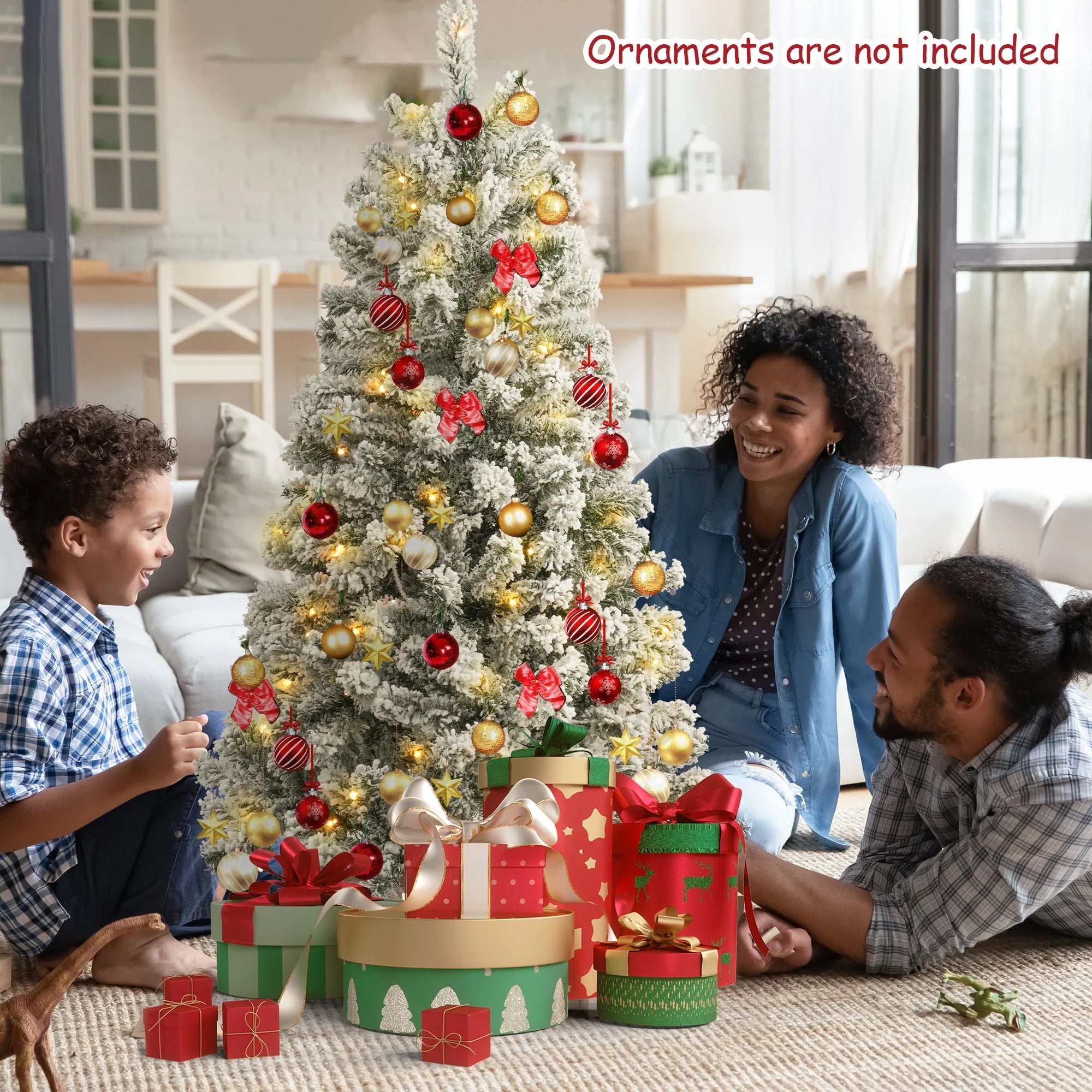 4FT Pre-Lit Flocked Christmas Tree with 360 Branch Tips, Snow Artificial Xmas Tree with 100 LED Lights for Holiday, Outdoor, Indoor, Home