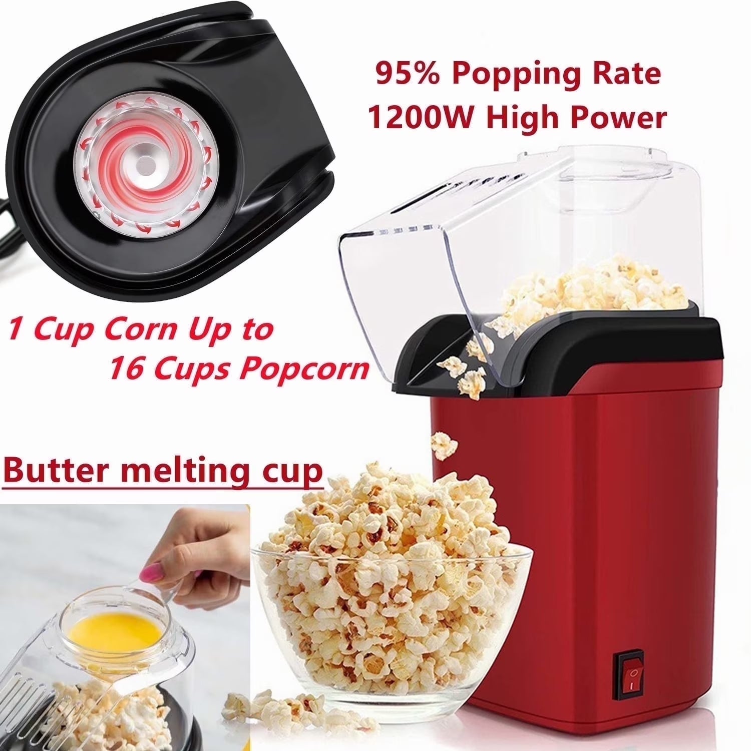 Electric Popcorn Popper, Hot Air Popcorn Maker, Butter Melting Tray, Large Capacity, Healthy Snack