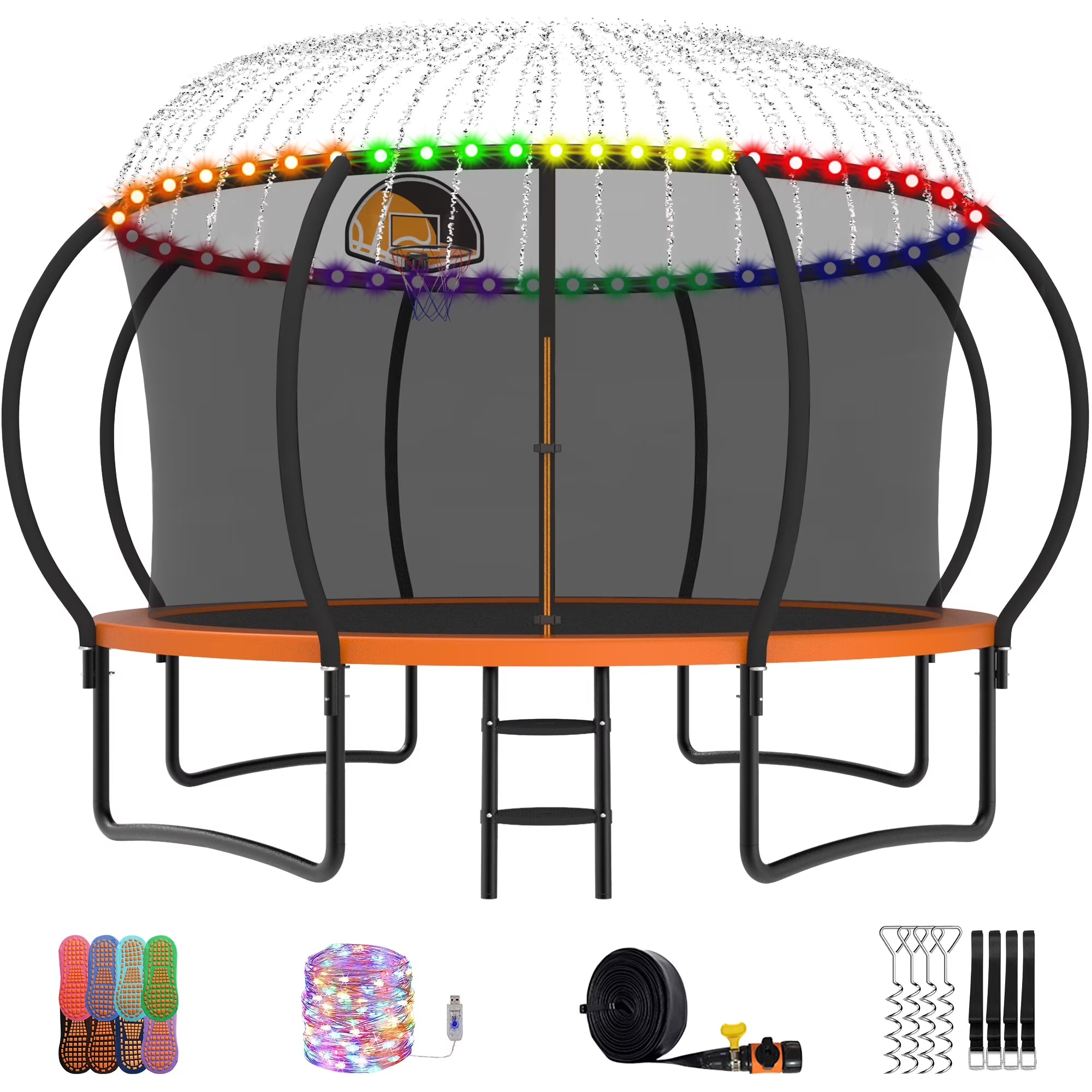 Trampoline, 14 FT Trampoline for 7-8 Kids Adults with Enclosure Net, Basketball Hoop, Ladder, Wind Stakes, 1400LBS Weight Capacity round Outdoor Recreational Trampoline, Heavy Duty Trampoline