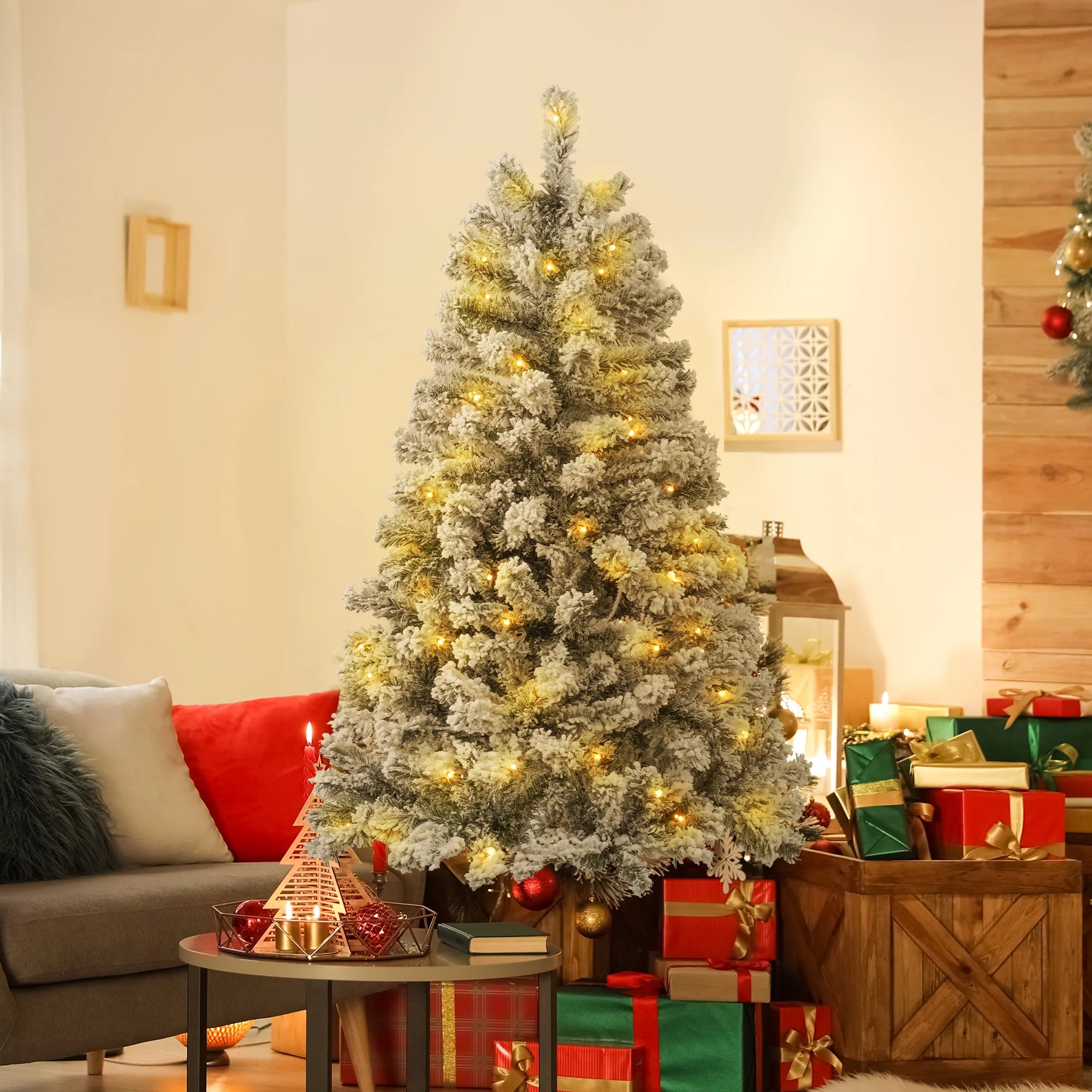 4FT Pre-Lit Flocked Christmas Tree with 360 Branch Tips, Snow Artificial Xmas Tree with 100 LED Lights for Holiday, Outdoor, Indoor, Home