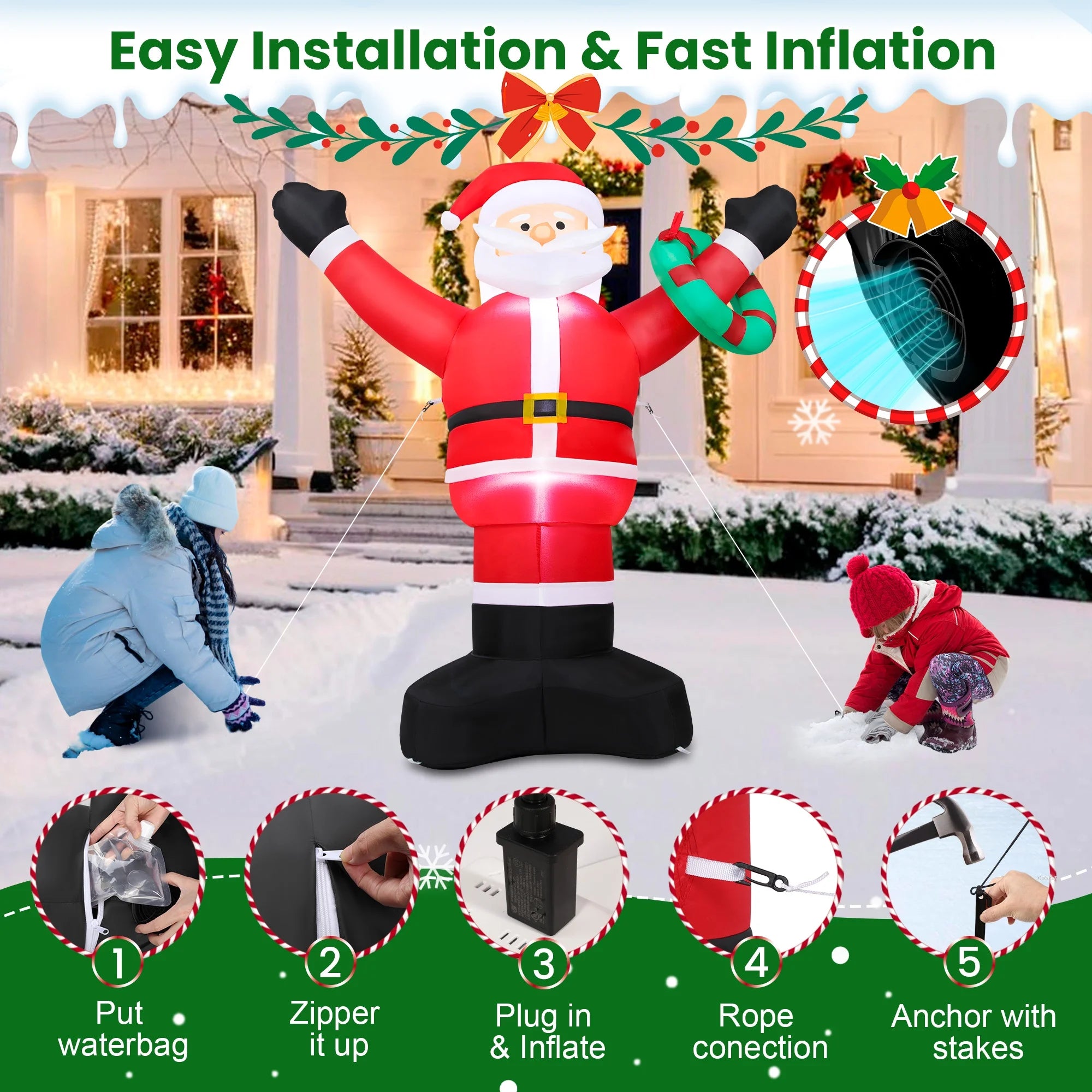 5Ft Christmas Inflatable Santa Claus Outdoor Decoration,Blow up Xmas Inflatable with LED Lights for Lawn Yard Garden
