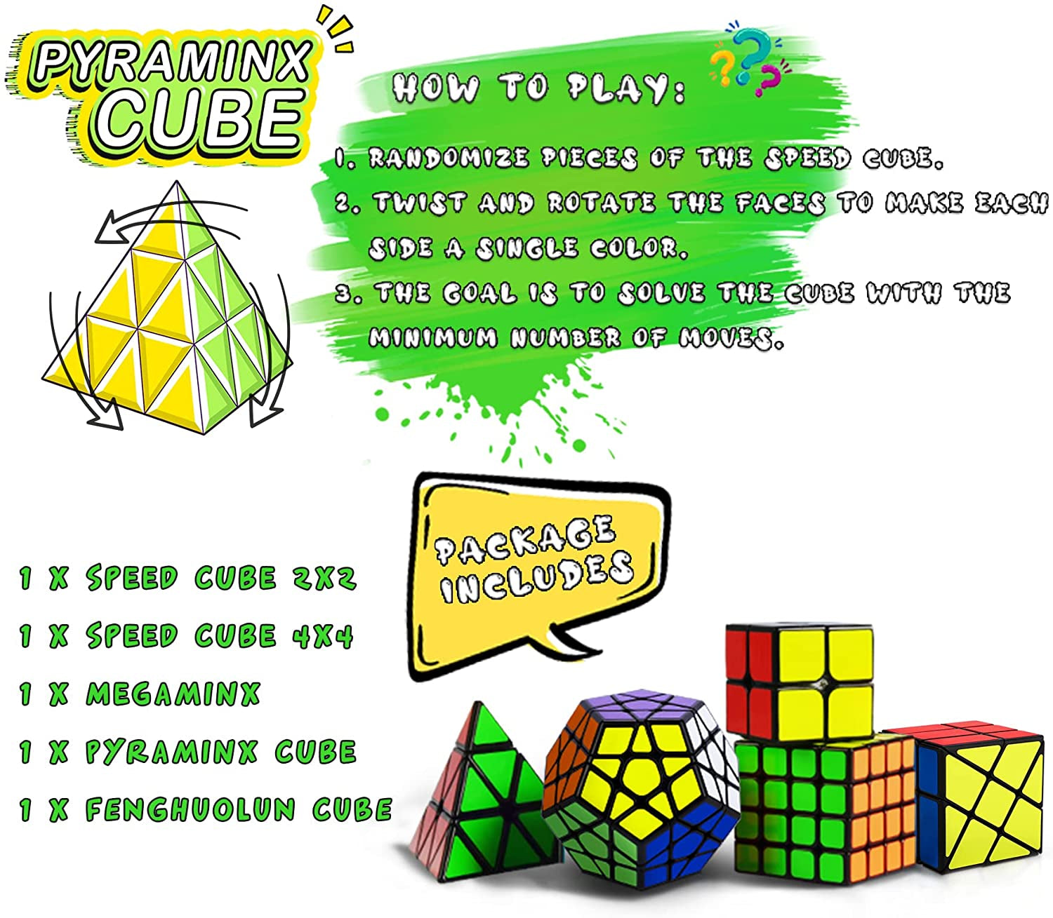 Speed Cube Set, Puzzle Cube, Magic Cube 2X2 4X4 Pyraminx Pyramid Megaminx Fenghu