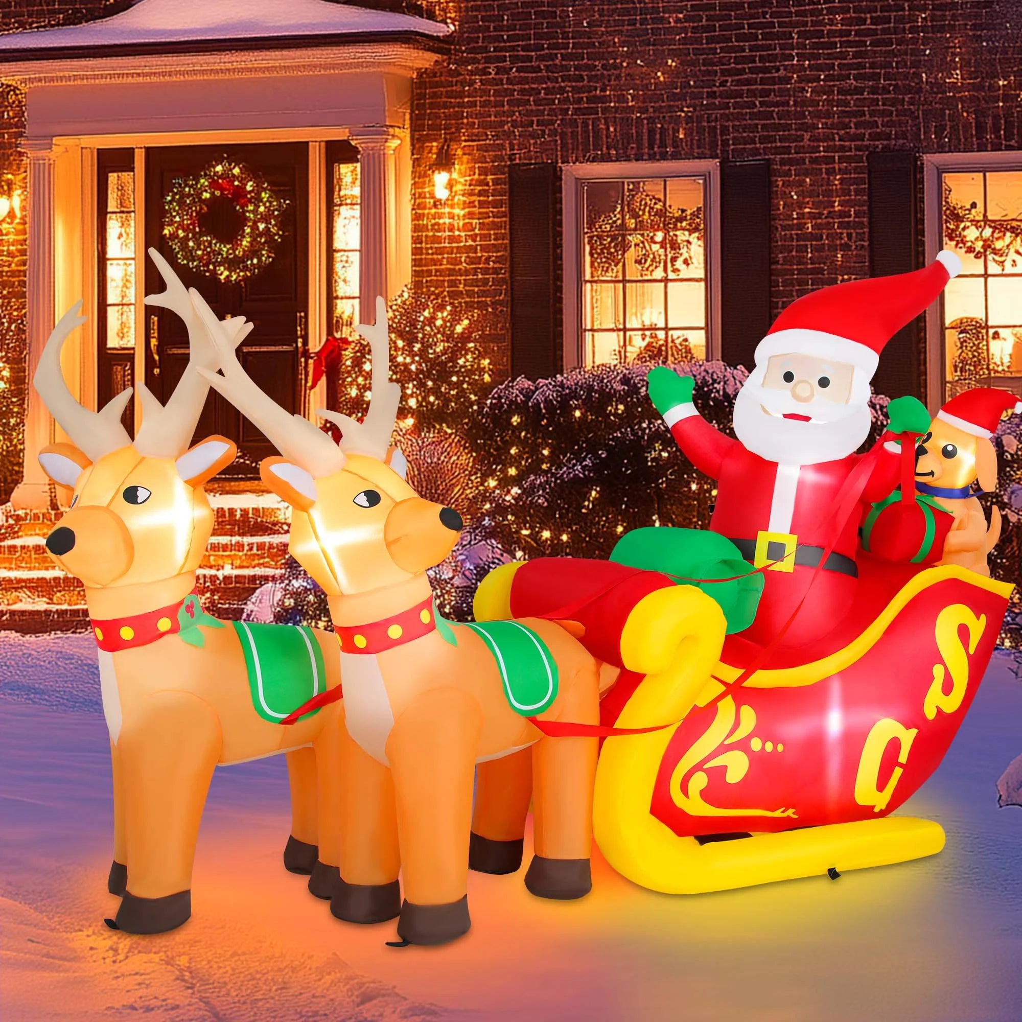 7Ft Christmas Inflatables Outdoor Decoration Santa Claus on Sleigh with Reindeer