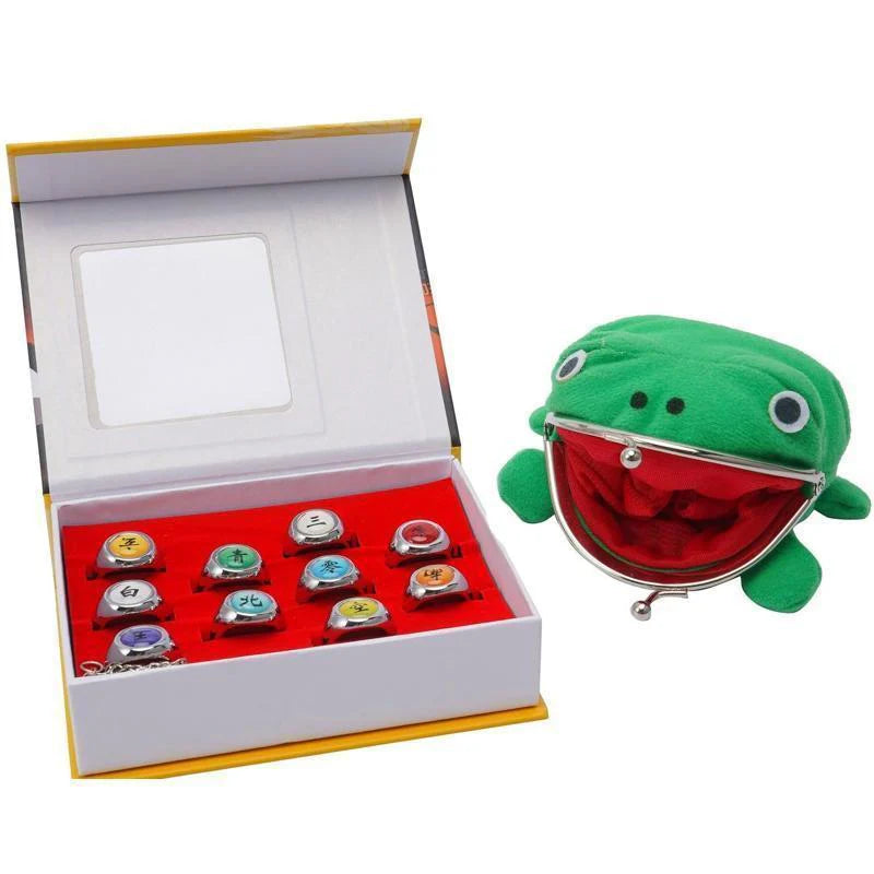 Naruto Akatsuki Rings 10Pcs Set with Green Frog Wallet and Chain Cosplay Itachi Sharingan Box Hidden Leaf Village Anime