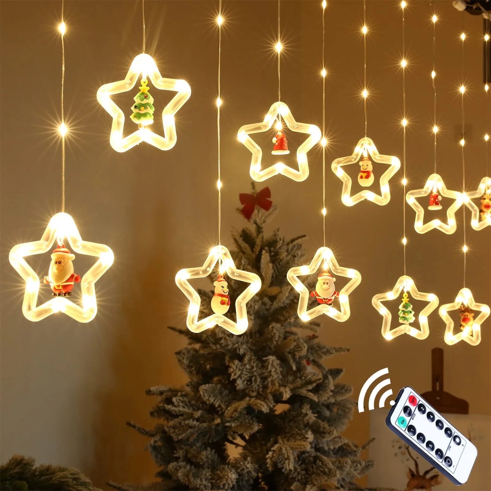Christmas Star Window Lights Indoor, Cute Christmas Window Curtain Lights Decor with Remote, 10 Ft LED Christmas Decorations Curtain String Lights for Bedroom