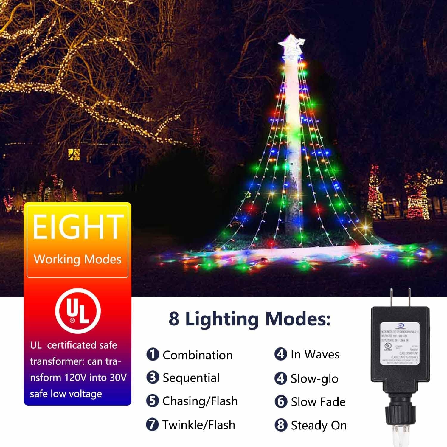 Outdoor Christmas Star String Lights, 317 LED 8 Modes Waterfall Tree Lights with Topper - Multicolor for Yard & Home