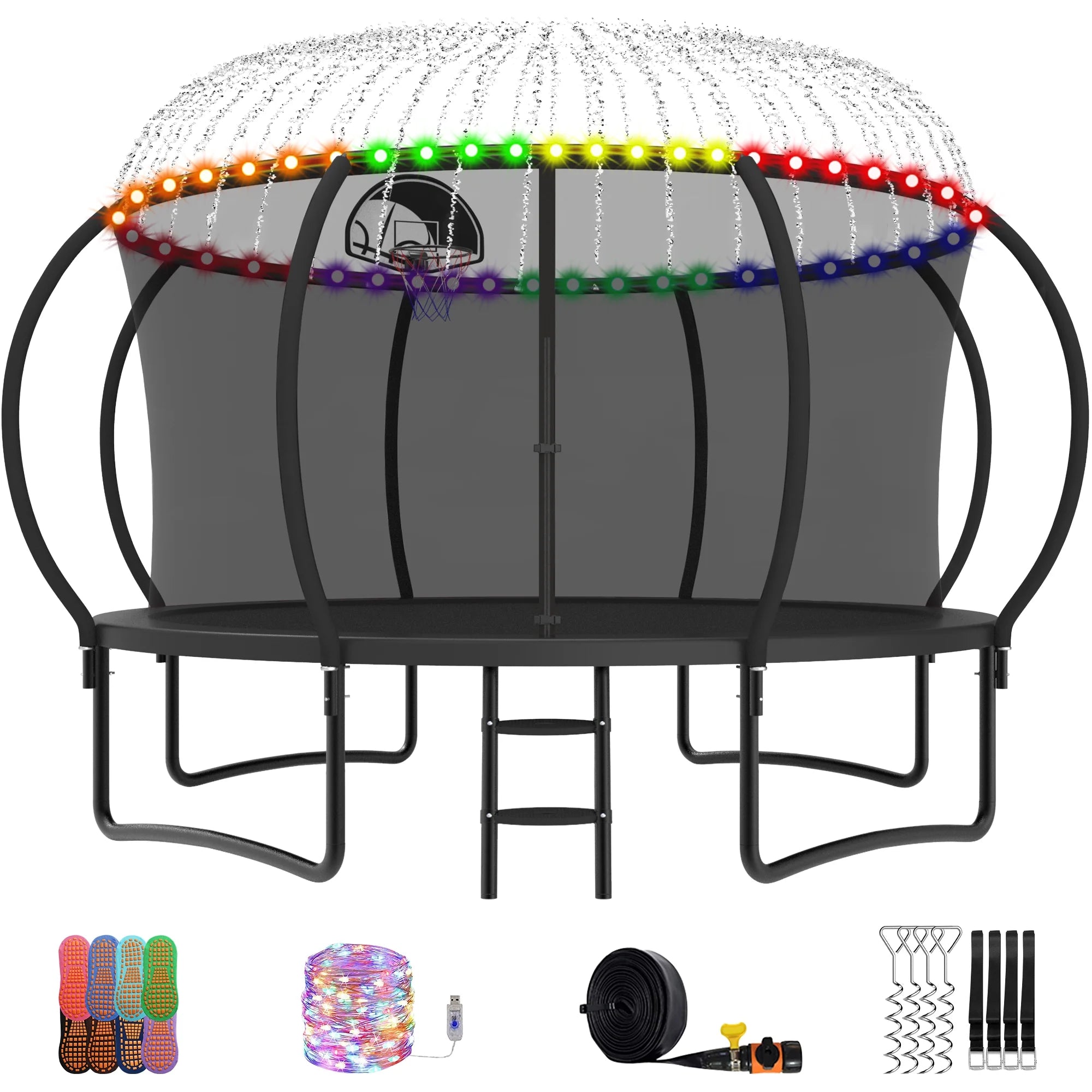 Trampoline, 14 FT Trampoline for 7-8 Kids Adults with Enclosure Net, Basketball Hoop, Ladder, Wind Stakes, 1400LBS Weight Capacity round Outdoor Recreational Trampoline, Heavy Duty Trampoline