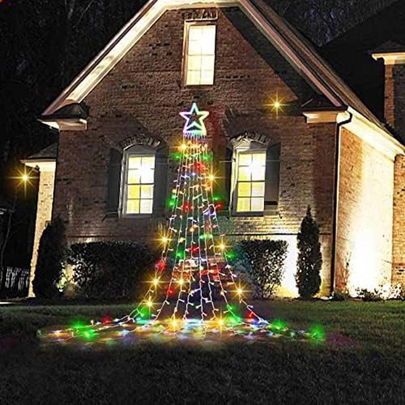 Outdoor Christmas Star String Lights, 317 LED 8 Modes Waterfall Tree Lights with Topper - Multicolor for Yard & Home