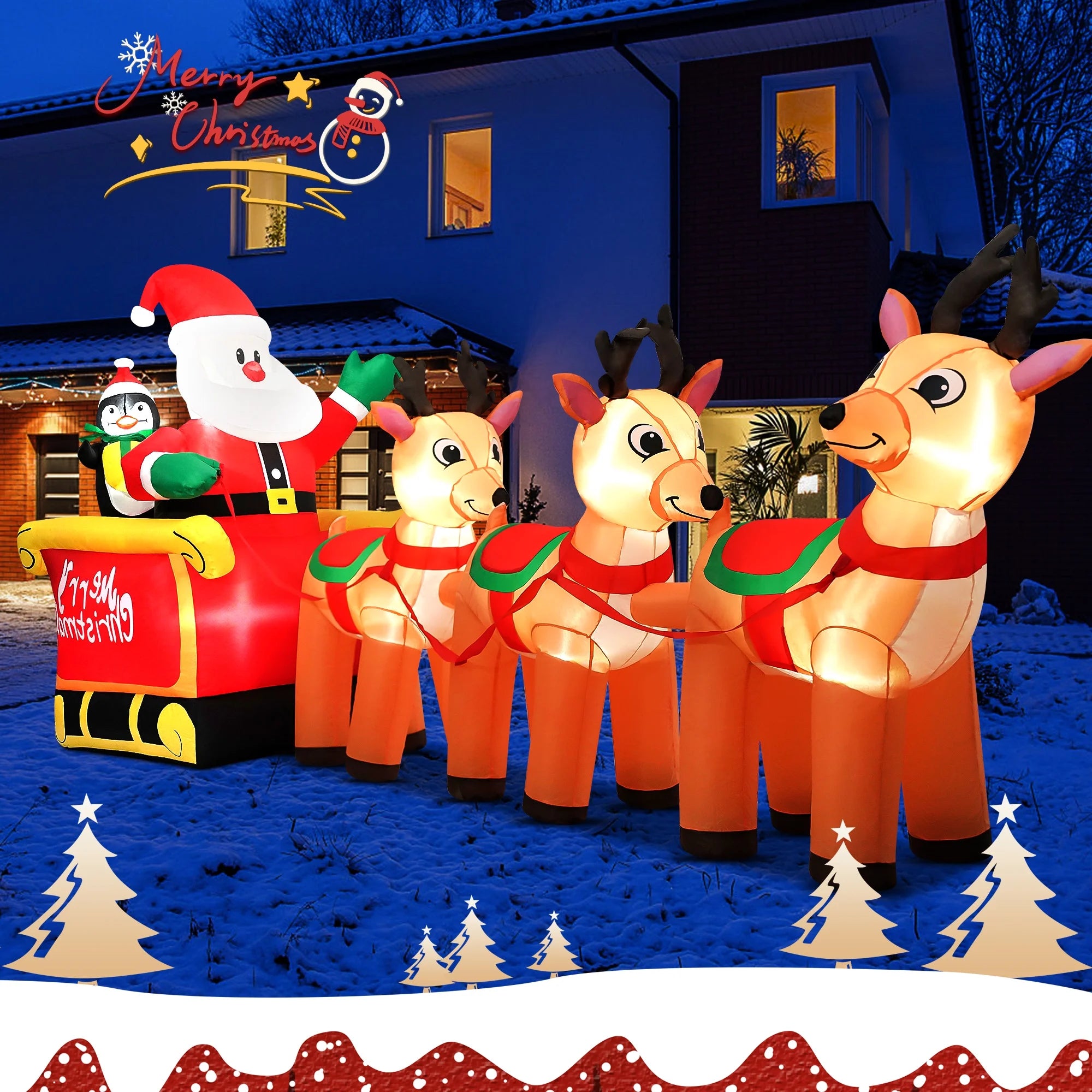 12Ft Christmas Inflatable Santa Claus on Sleigh with 3 Reindeer Outdoor Lights Decor for Holiday Decor,Xmas Party,Yard,Garden and Lawn
