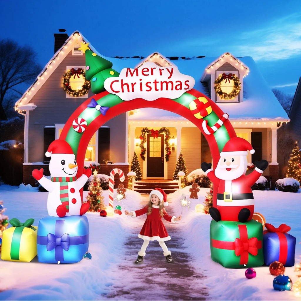 10FT Christmas Inflatable Archway Santa Claus and Snowman with Bow LED Lights Yard Art Decoration