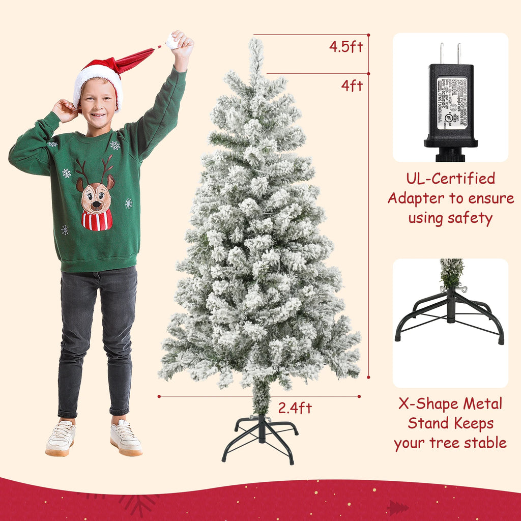 4FT Pre-Lit Flocked Christmas Tree with 360 Branch Tips, Snow Artificial Xmas Tree with 100 LED Lights for Holiday, Outdoor, Indoor, Home