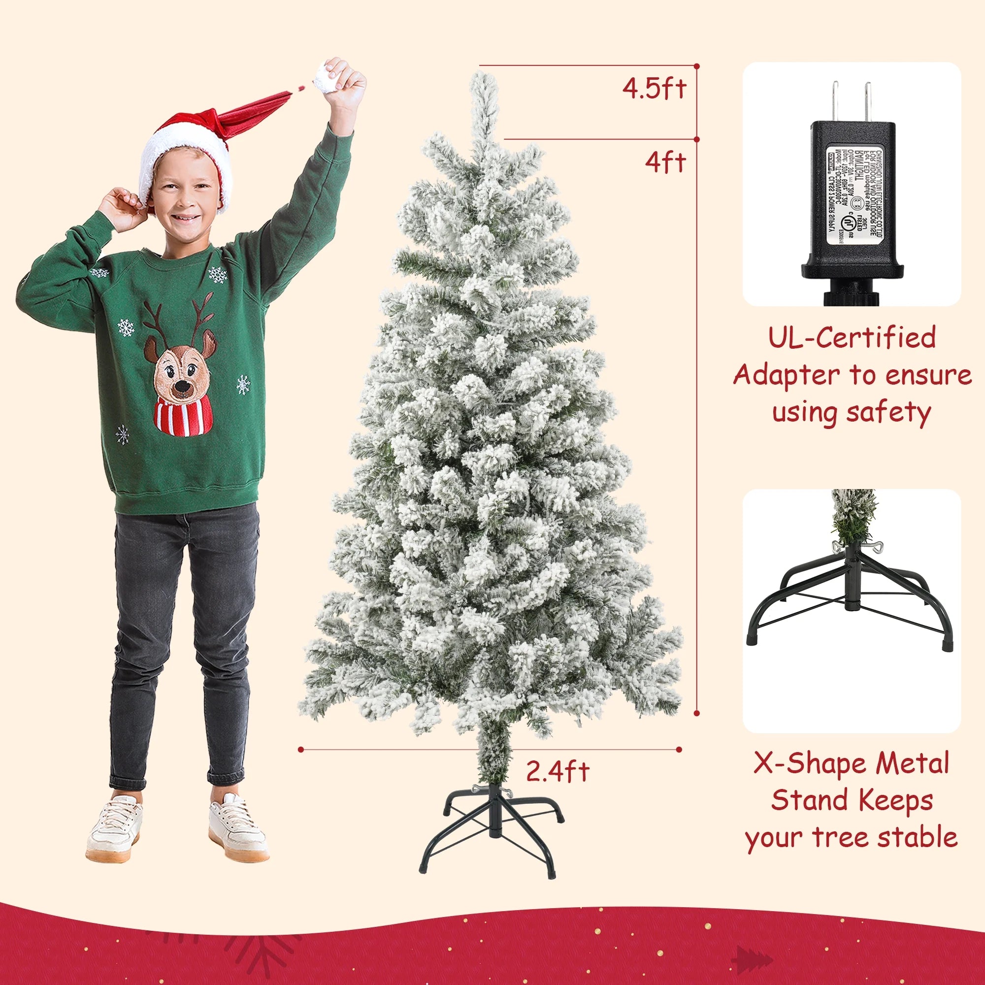 4FT Pre-Lit Flocked Christmas Tree with 360 Branch Tips, Snow Artificial Xmas Tree with 100 LED Lights for Holiday, Outdoor, Indoor, Home