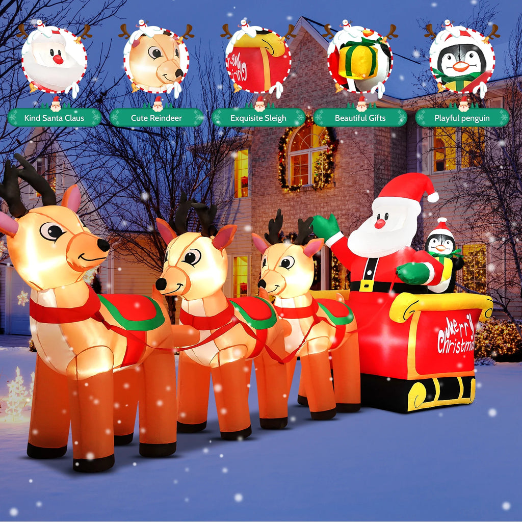 12Ft Christmas Inflatable Santa Claus on Sleigh with 3 Reindeer Outdoor Lights Decor for Holiday Decor,Xmas Party,Yard,Garden and Lawn