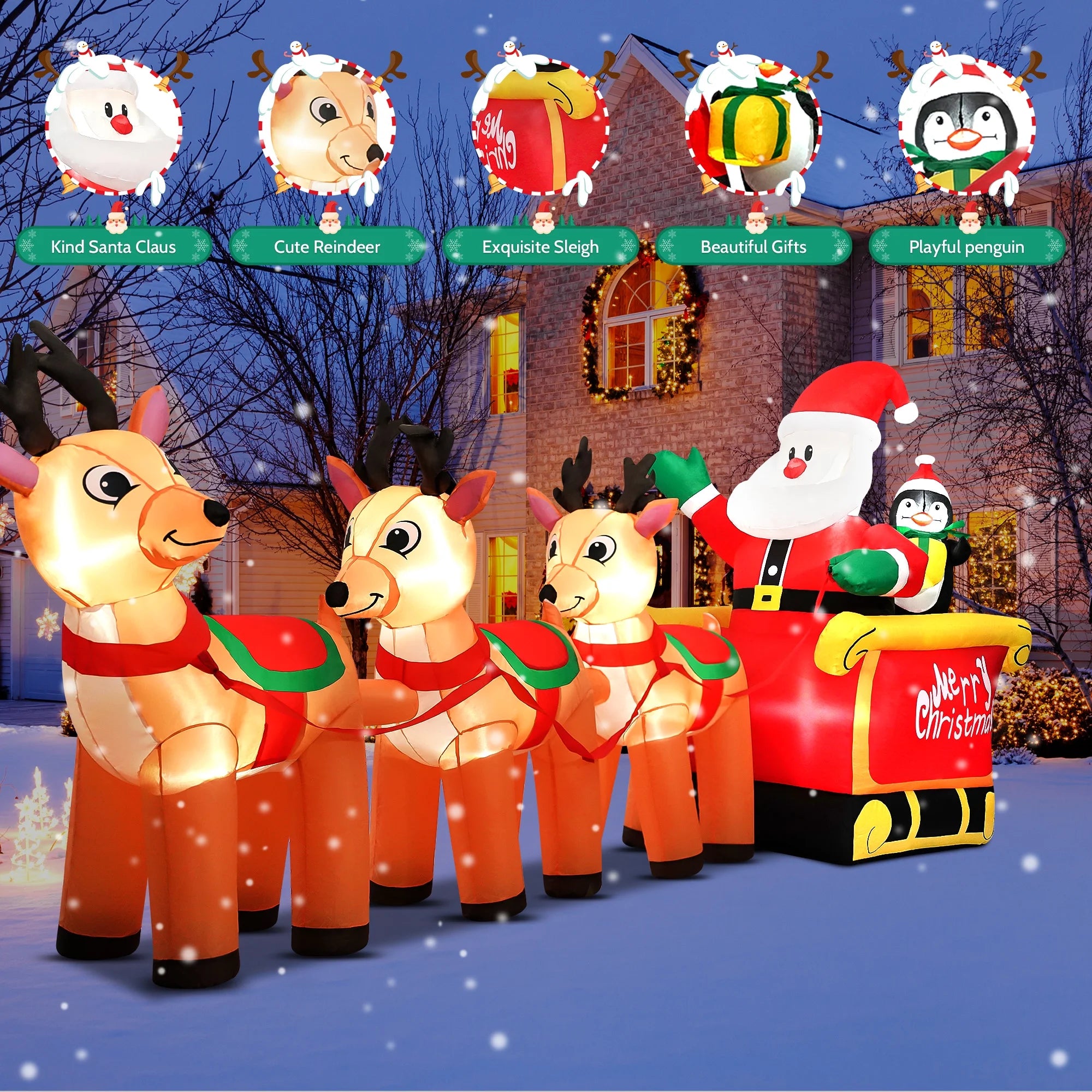 12Ft Christmas Inflatable Santa Claus on Sleigh with 3 Reindeer Outdoor Lights Decor for Holiday Decor,Xmas Party,Yard,Garden and Lawn